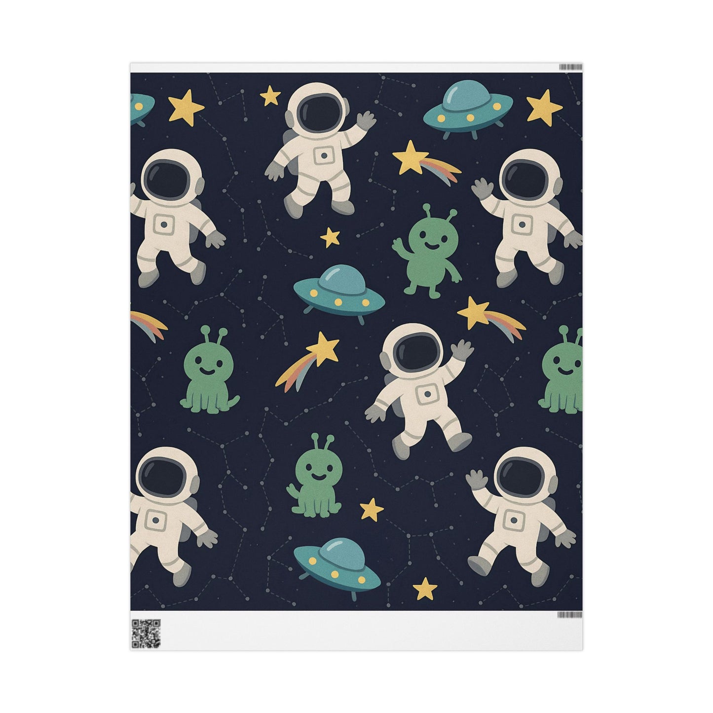 Space Explorers Wrapping Paper – Astronauts, Aliens & UFOs on Navy Starry Sky