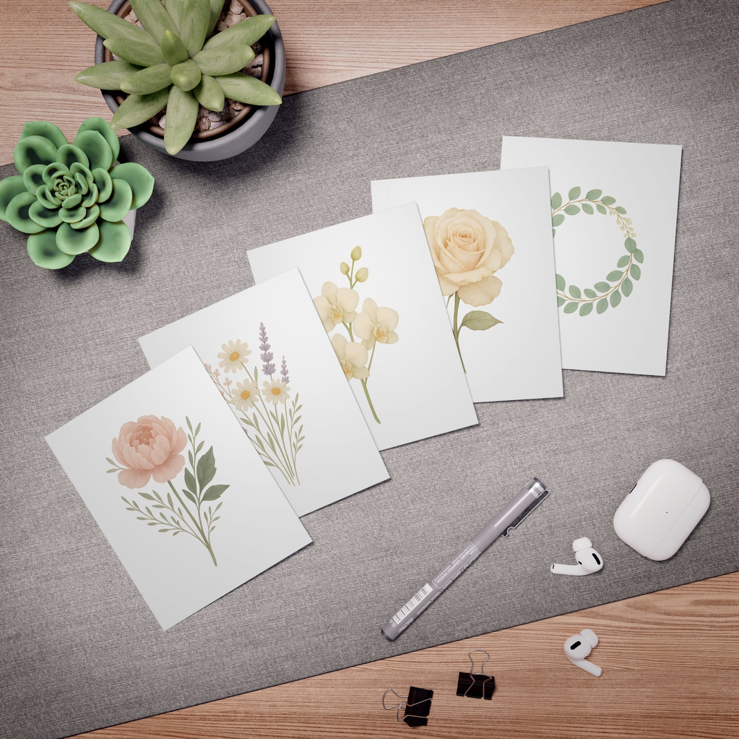 Neutral Floral Greeting Card Set – 5 Blank Botanical Note Cards with Envelopes