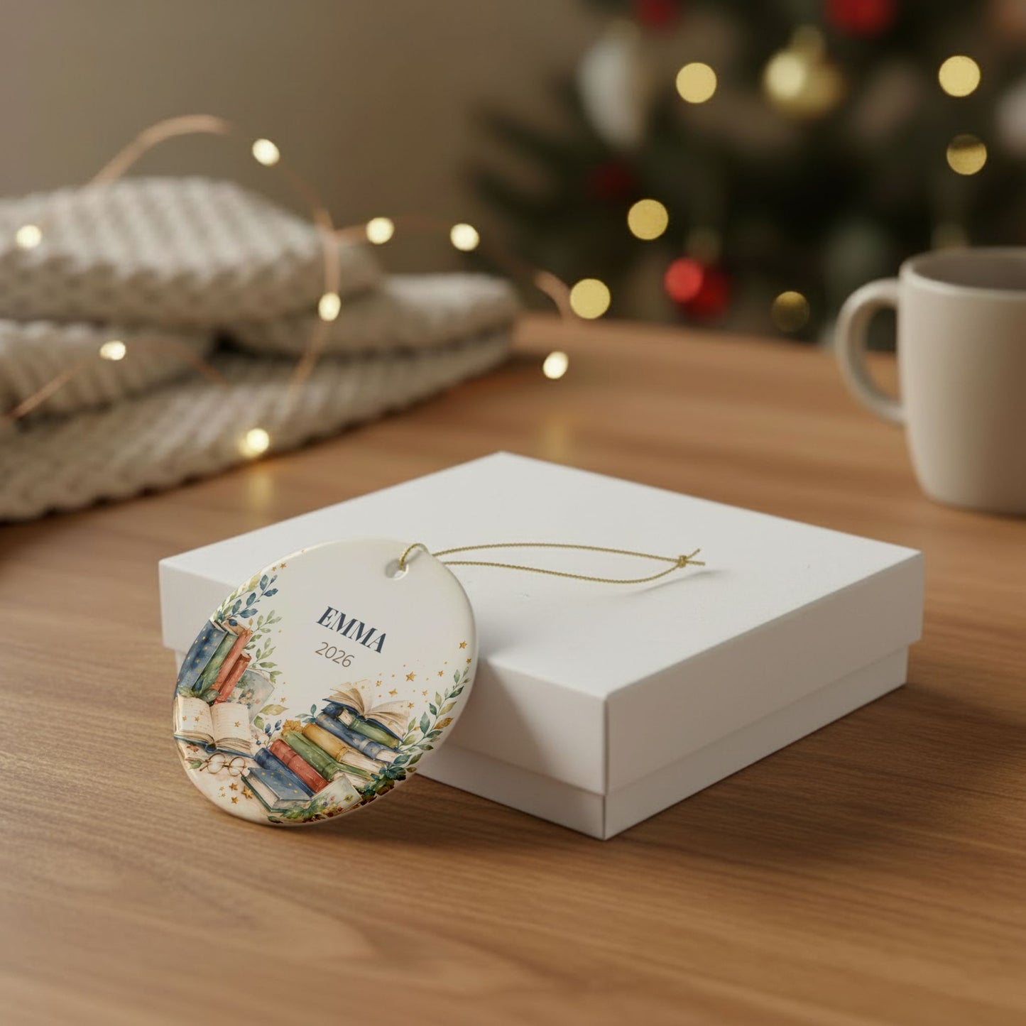 Personalized Book Lover Ceramic Ornament — Custom Name & Year