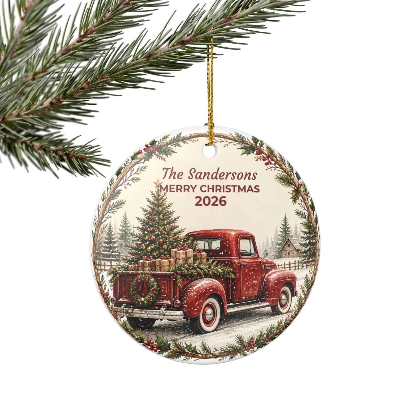 Personalized Ceramic Christmas Ornament — Vintage Red Truck "The Sandersons Merry Christmas"