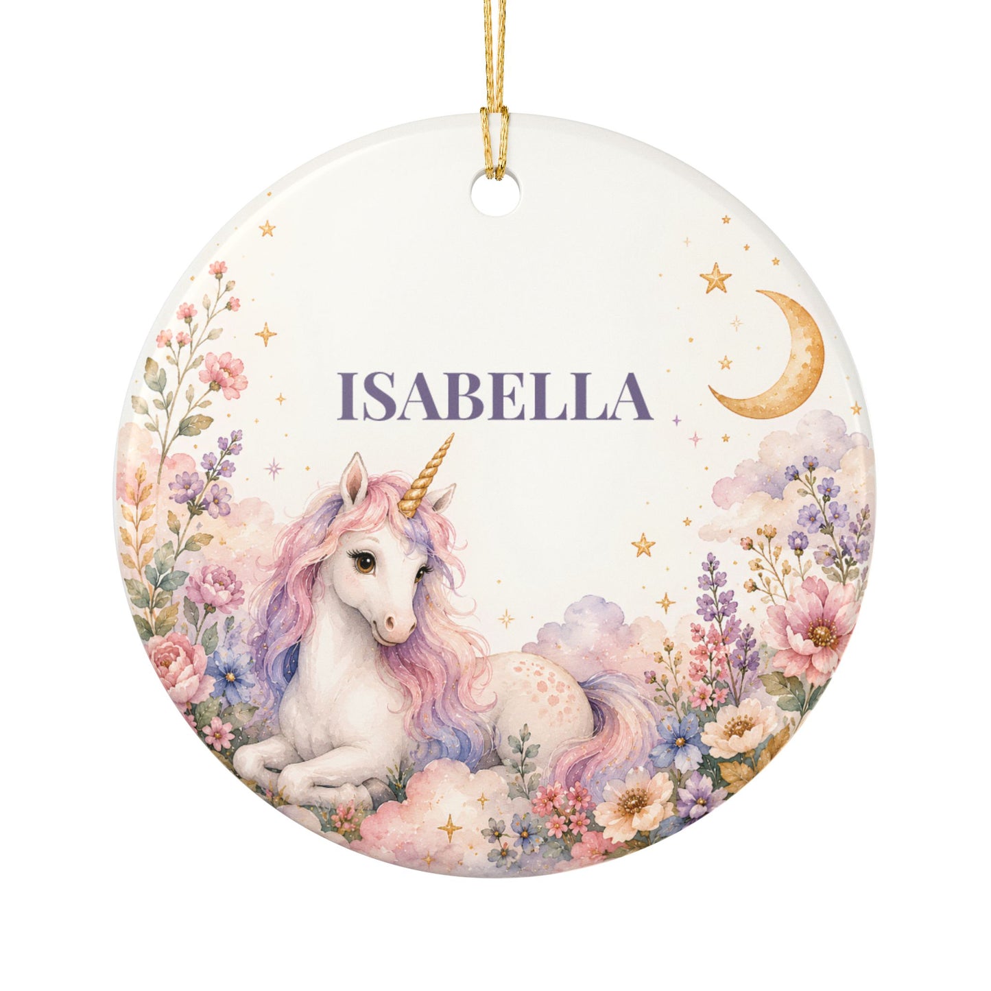 Personalized Unicorn Ornament — Ceramic Name Decoration (Isabella)
