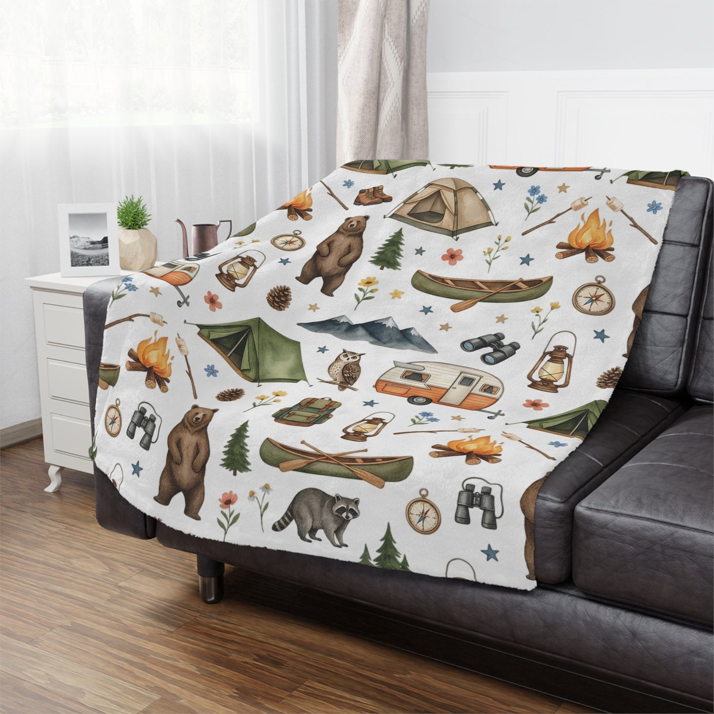 Camping Pattern Minky Blanket — Cozy Outdoor Adventure Throw with Tents, Campfire & Wildlife