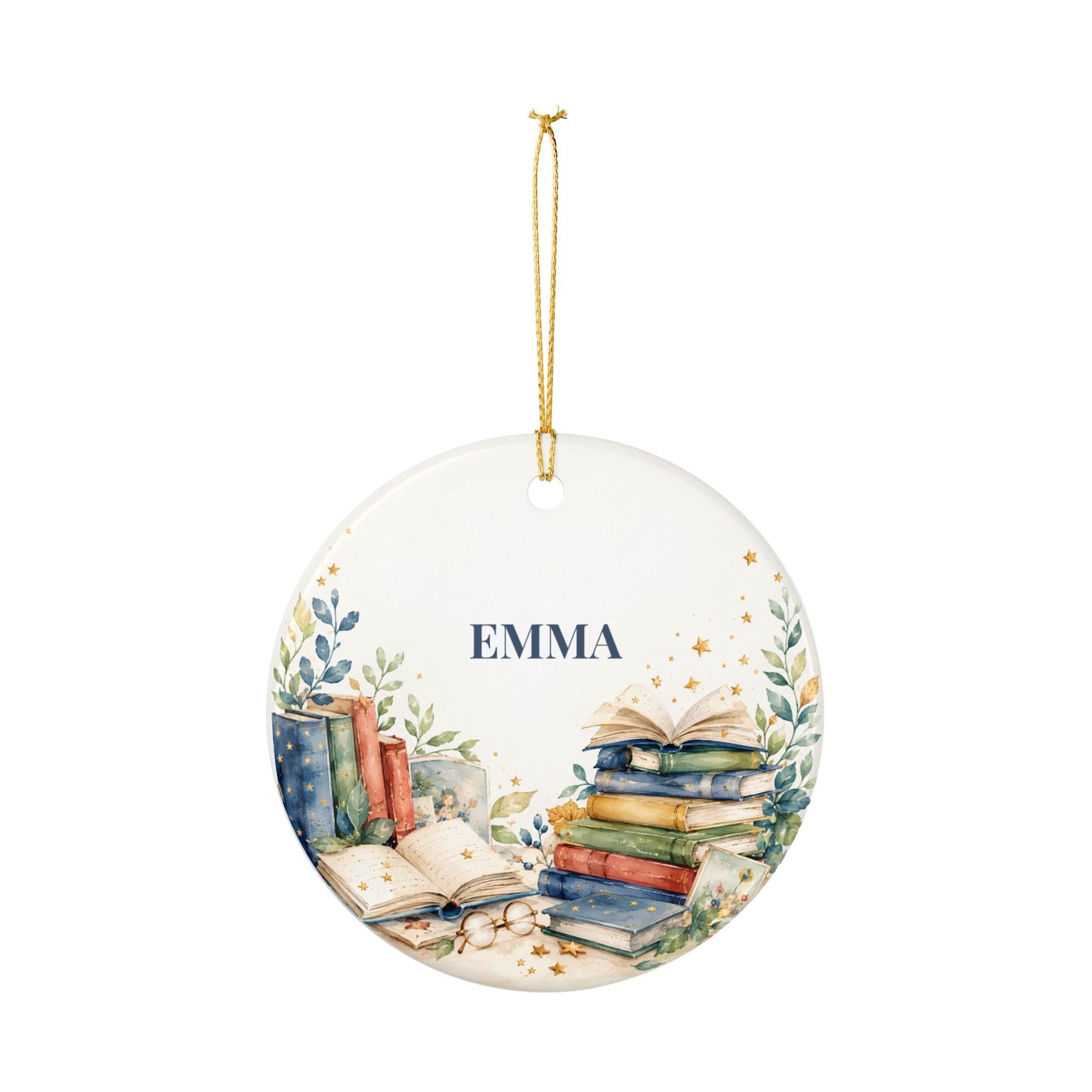 Personalized Book Lover Ceramic Ornament - Custom Name Bookstack Decoration