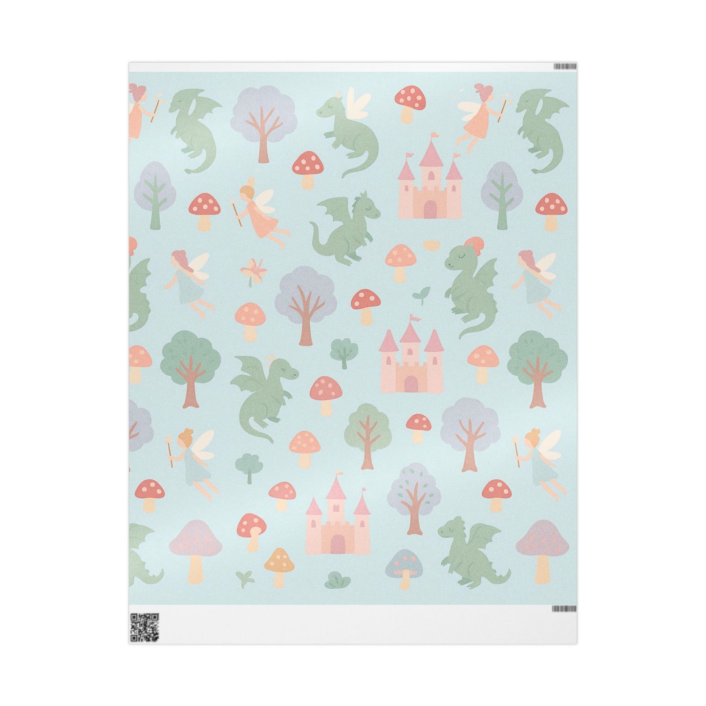 Whimsical Fairy Tale Wrapping Paper – Dragons, Fairies & Castles on Pastel Blue