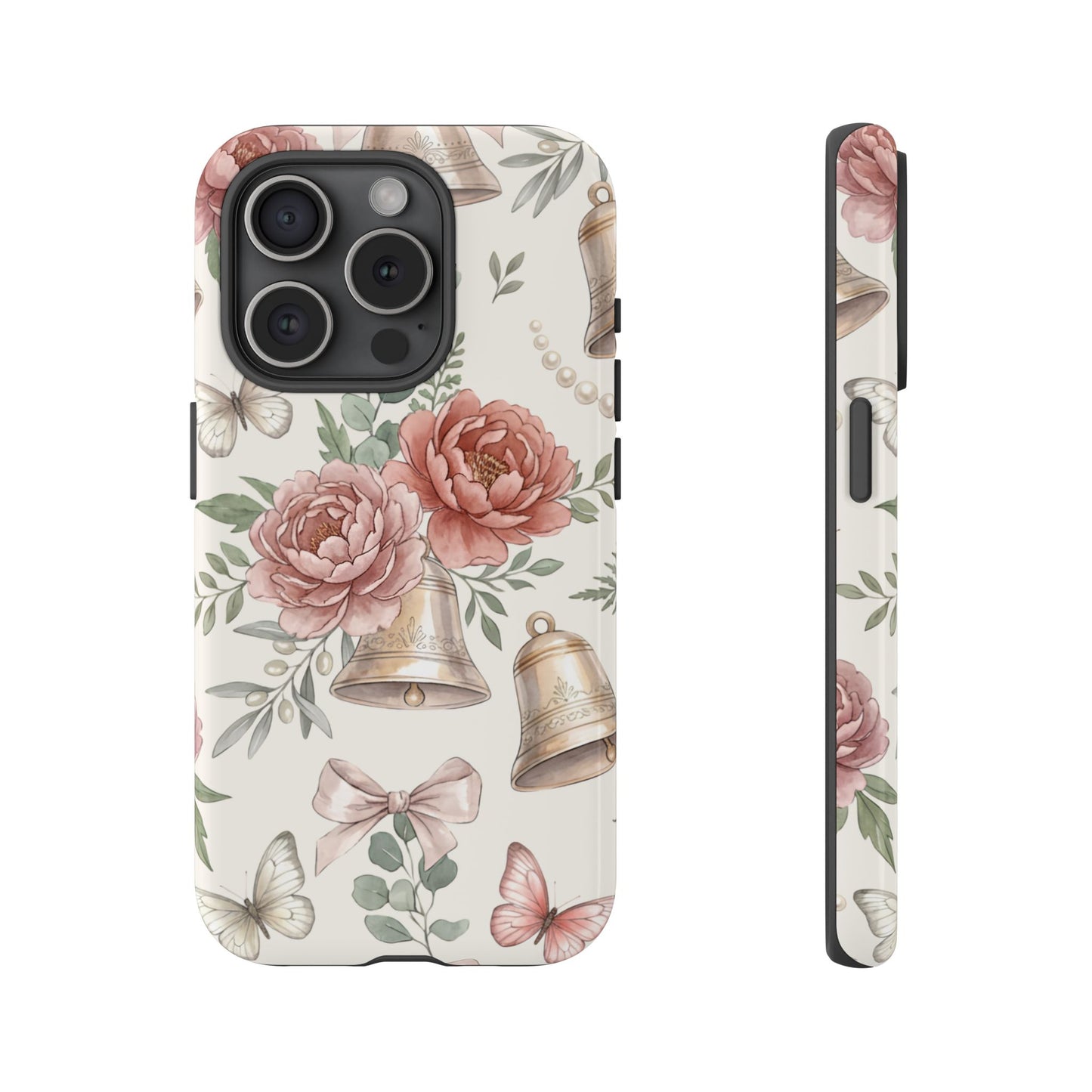 Floral Wedding Bells Phone Case — Vintage Roses, Butterflies & Bow Protective Tough Case