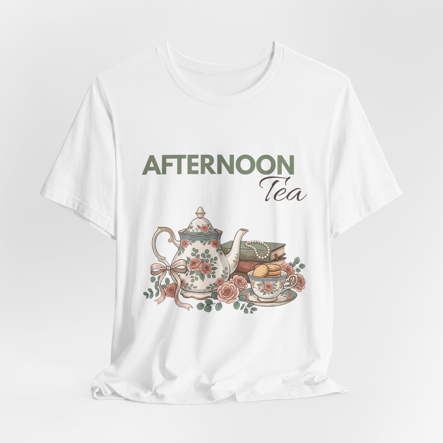 A hanging white t-shirt with 'AFTERNOON Tea' on the front.
