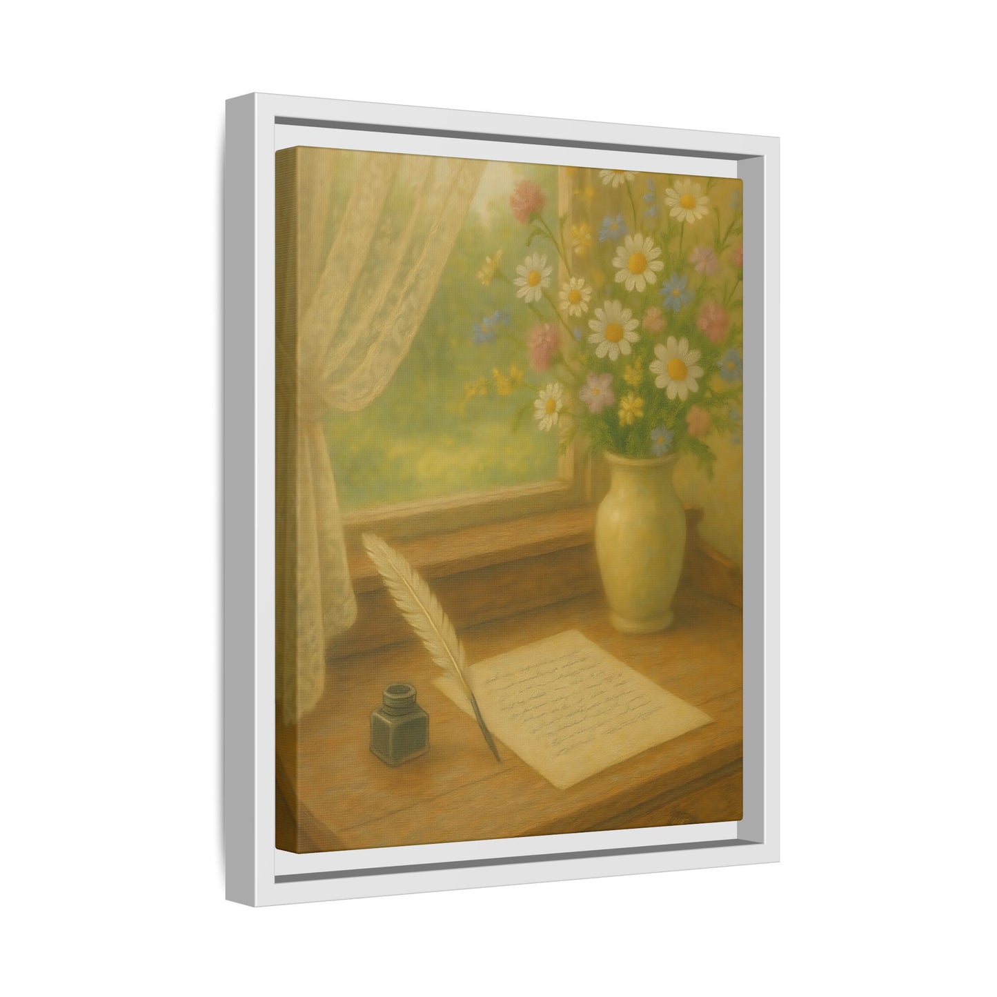 Sunlit Writing Desk – Framed Matte Canvas Art of Quill, Flowers & Lace Window