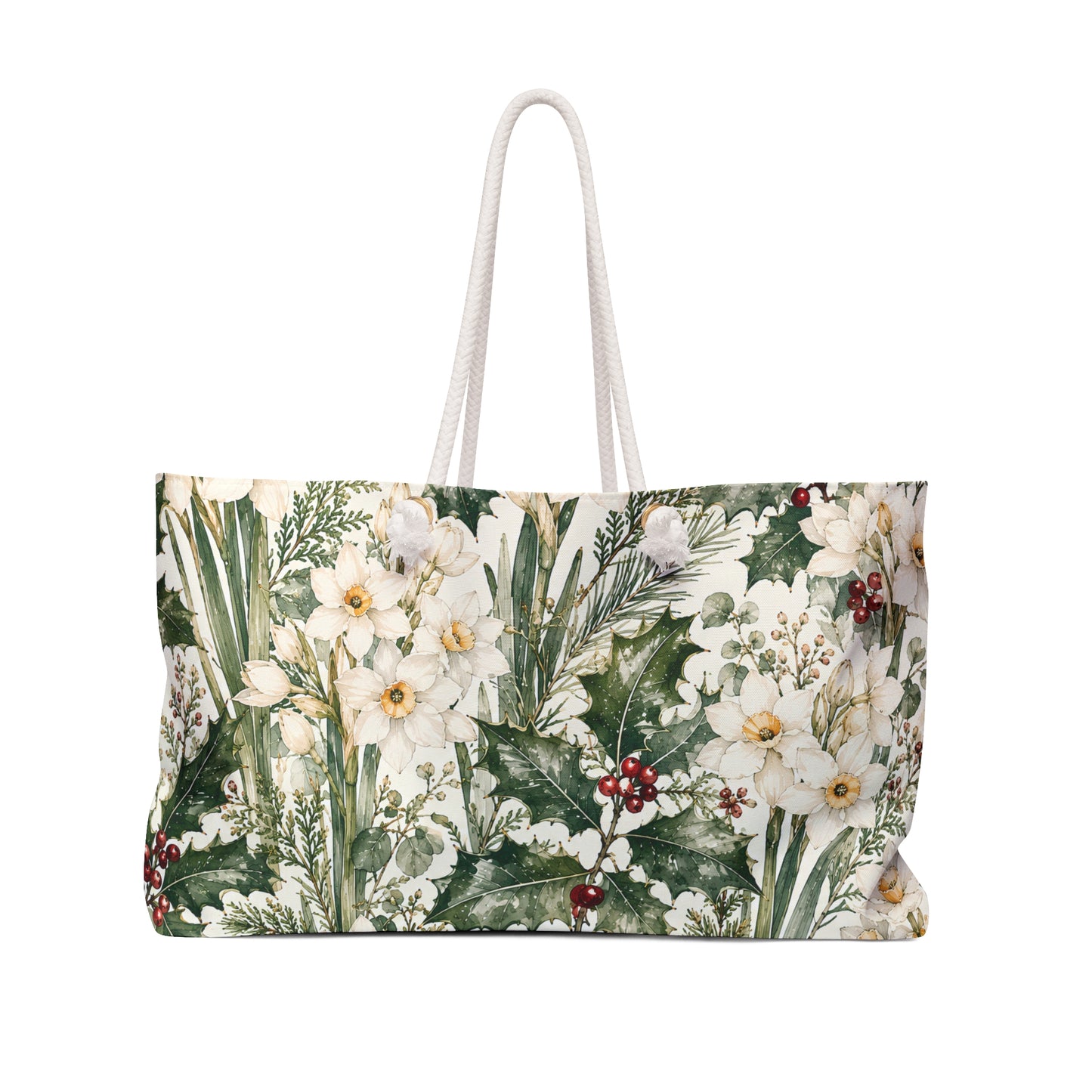 Floral Winter Weekender Bag – White Narcissus & Holly Travel Tote