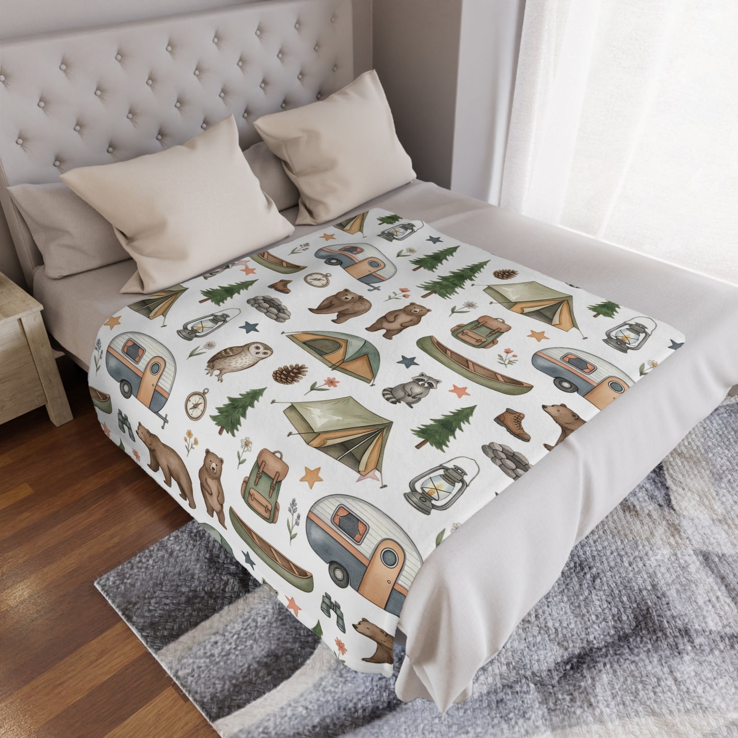 Camping Pattern Minky Blanket — Cozy Outdoor Adventure Throw with Tents, Campfire & Wildlife