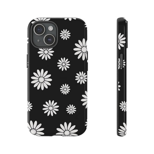 Retro Black & White Daisy Phone Case – Bold Floral Pattern with 3D Wrap Design
