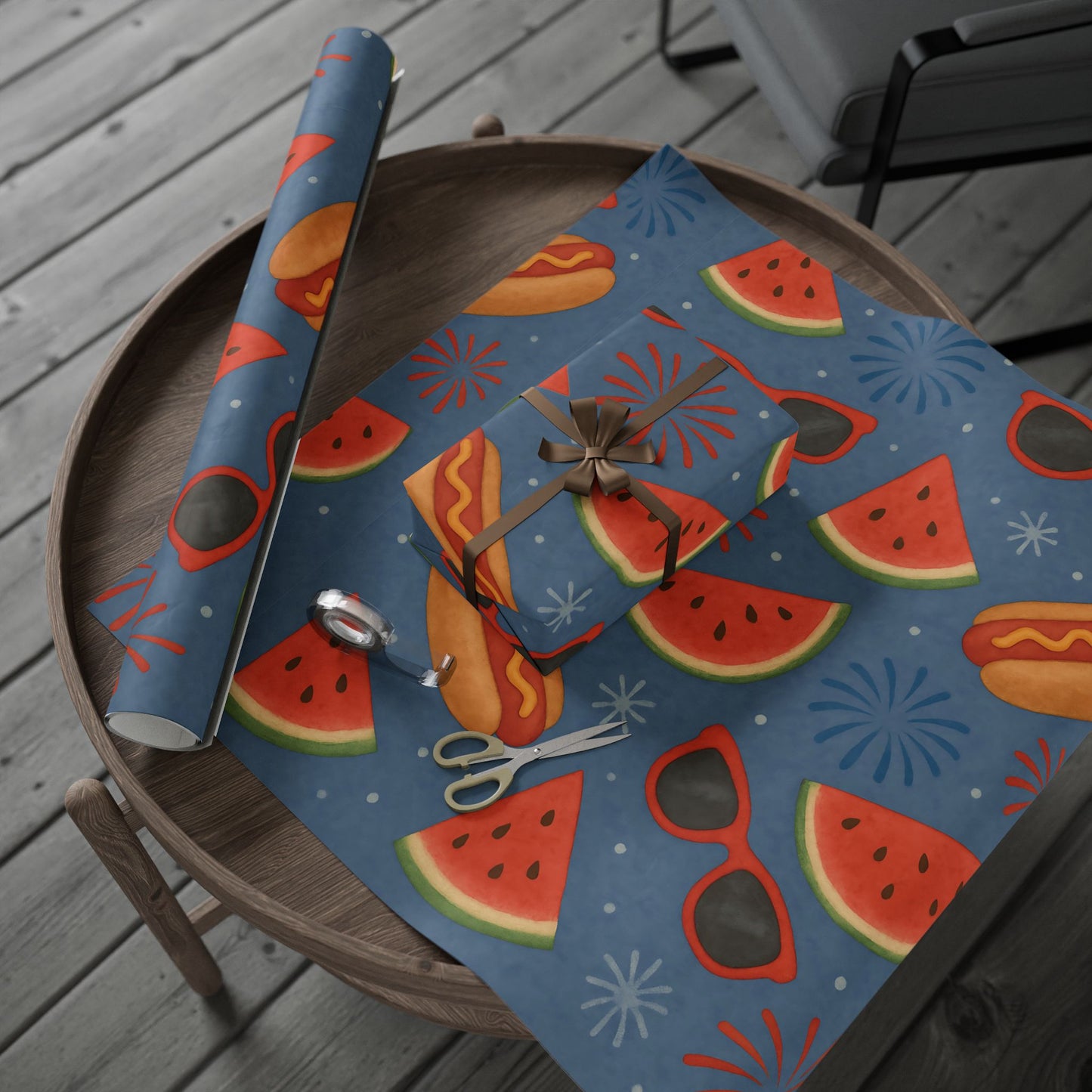 Summer BBQ Wrapping Paper – Watermelon, Hot Dogs & Fireworks on Blue