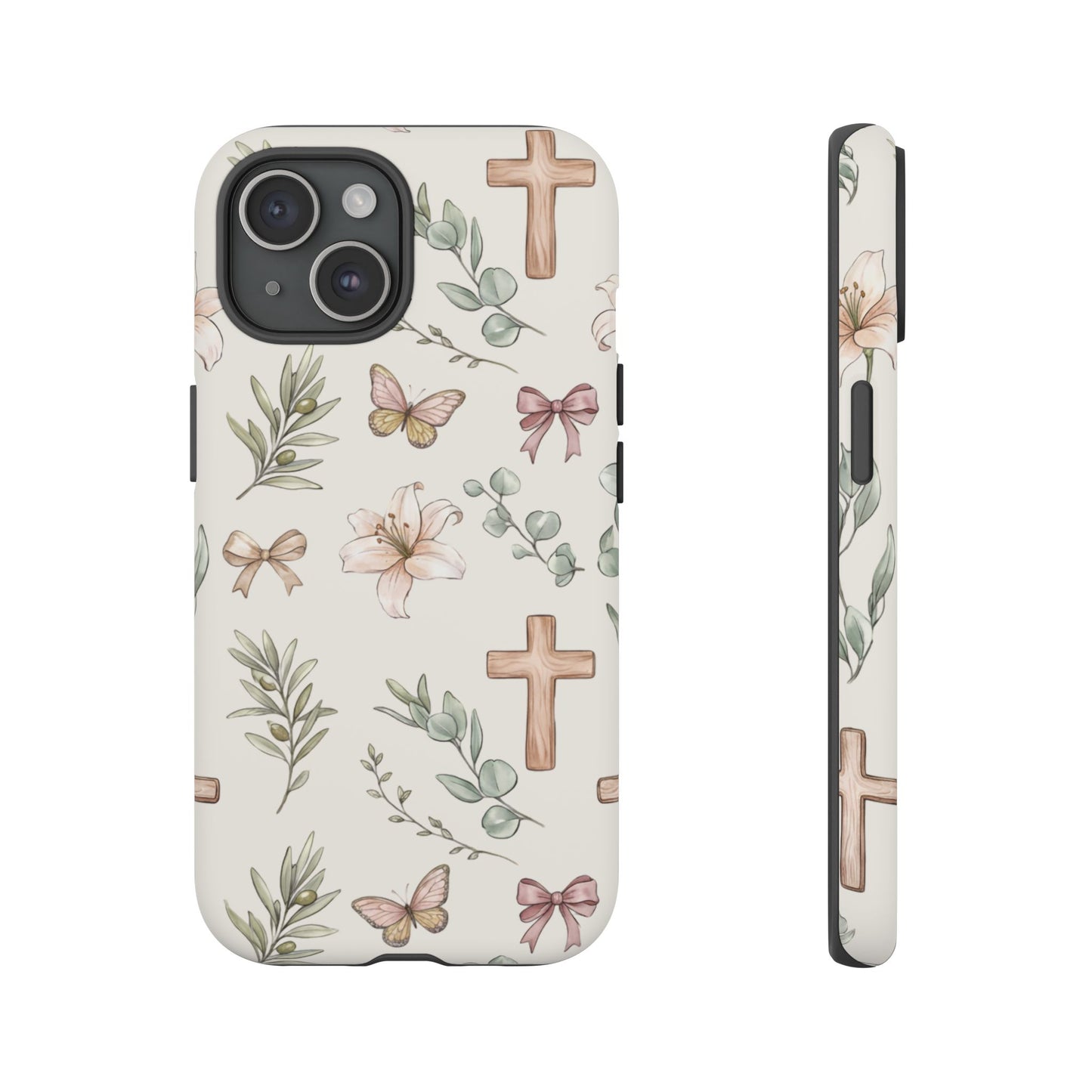 Floral Cross Tough Phone Case — Pastel Butterflies & Bows Christian Design