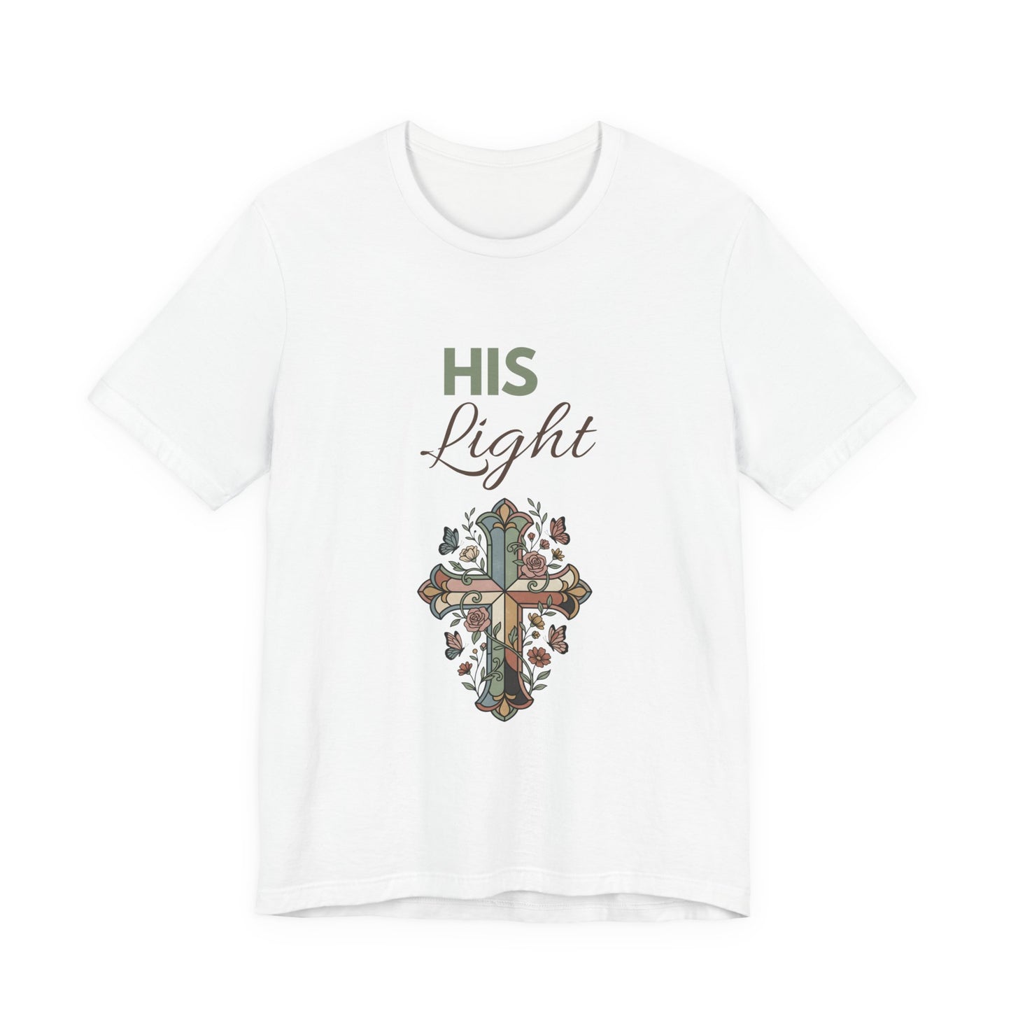 White t-shirt with a cross design and 'HIS Light' text on a white background