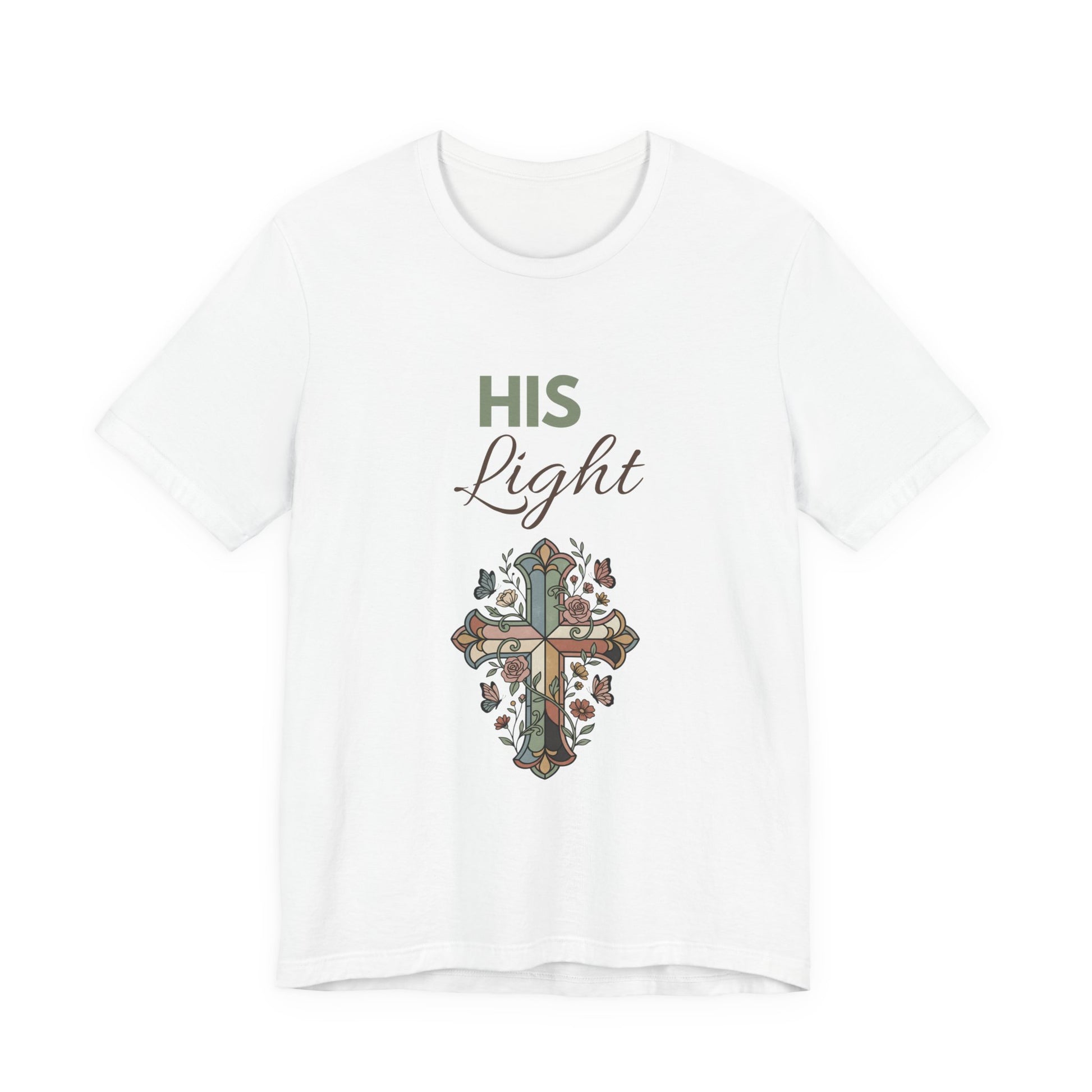 White t-shirt with a cross design and 'HIS Light' text on a white background
