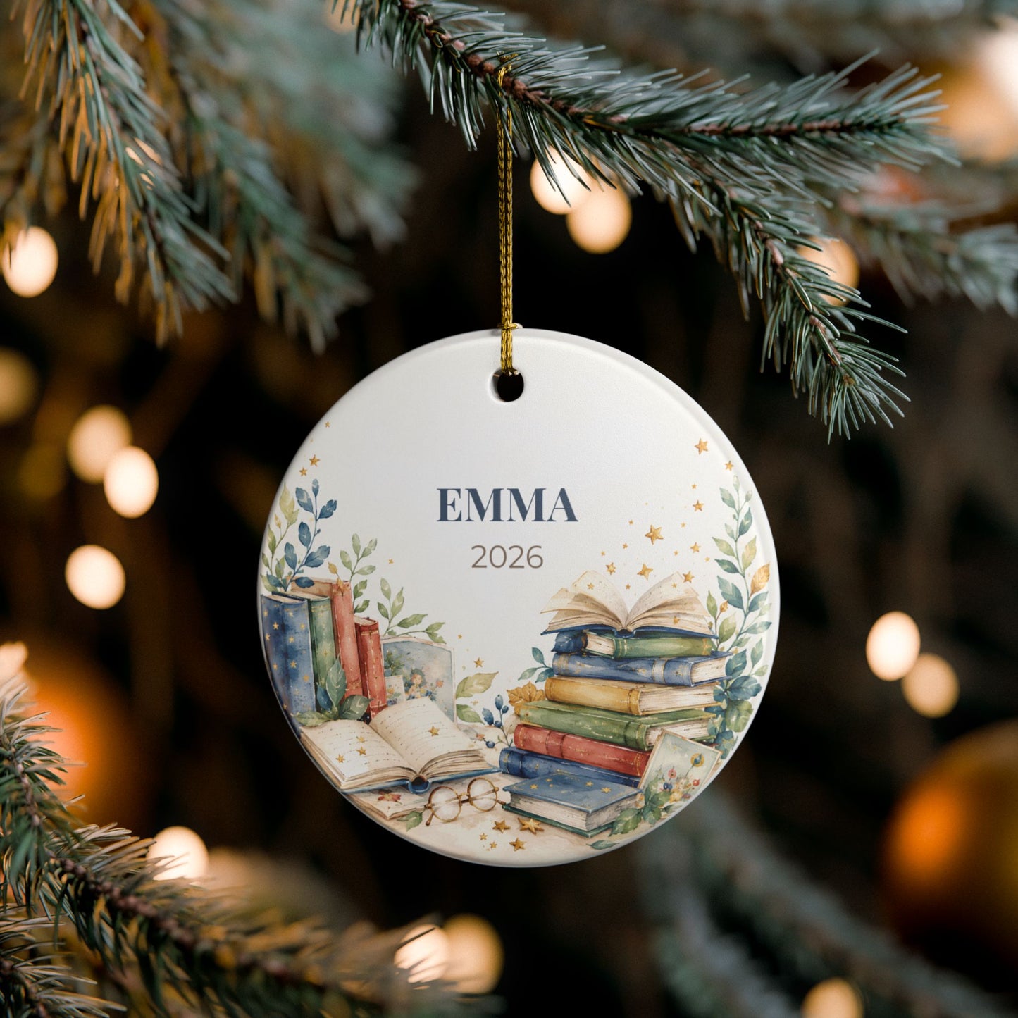 Personalized Book Lover Ceramic Ornament — Custom Name & Year