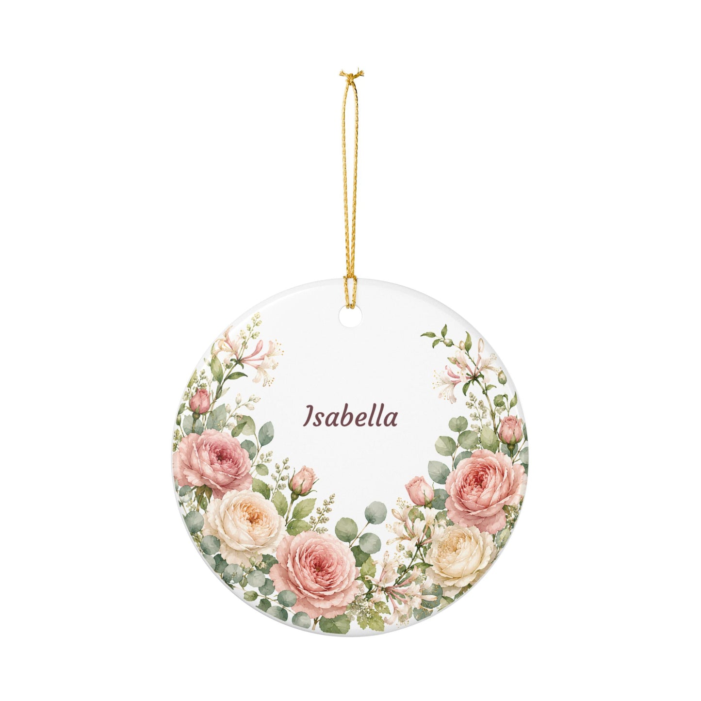 Personalized Floral Ceramic Ornament — Custom Name Rose Wreath Decoration
