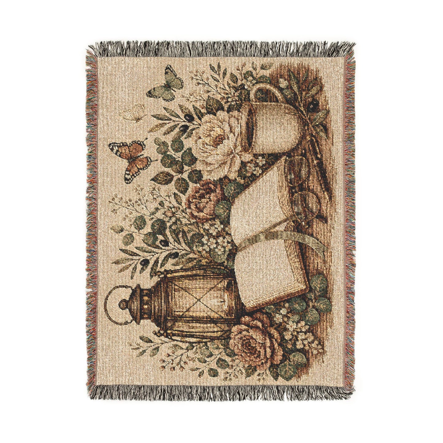 Cozy Reading Woven Throw Blanket — Lantern, Open Book & Floral Tapestry
