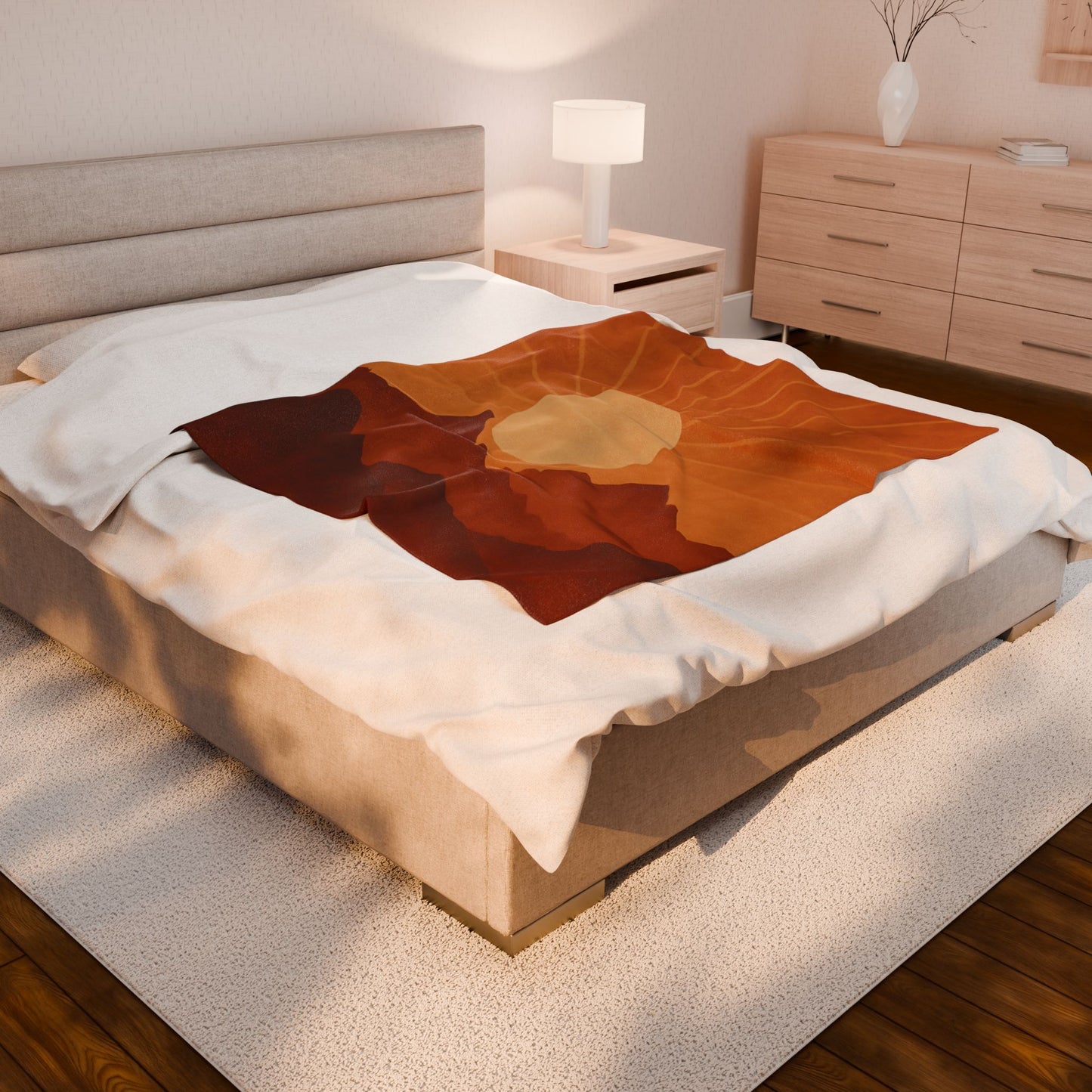 Desert Sunset Mountains Velveteen Plush Blanket – Burnt Orange & Terracotta Landscape Throw