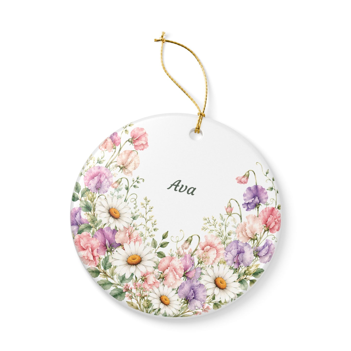Personalized Floral Ceramic Ornament — Custom Name Daisies & Wildflowers