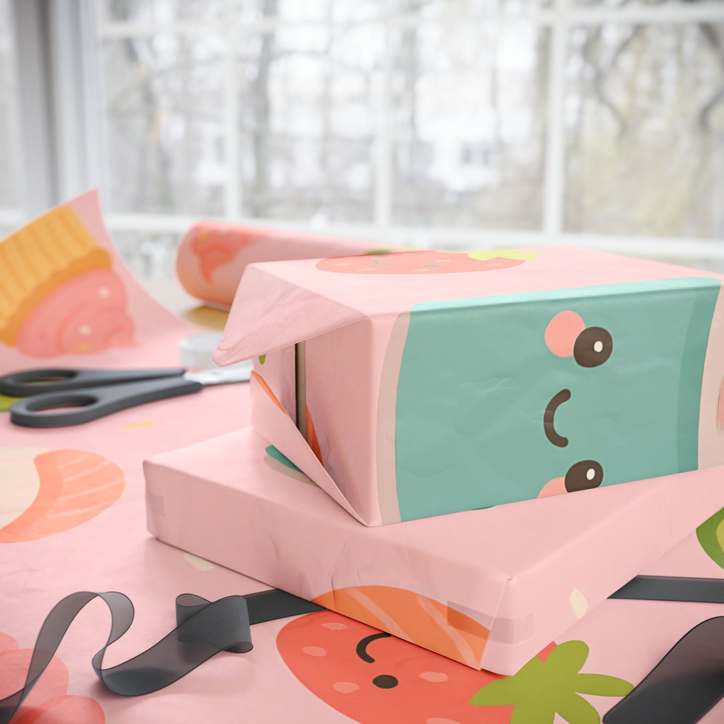 Kawaii Treats Wrapping Paper – Cute Sushi, Cupcakes, Avocados & More on Pink