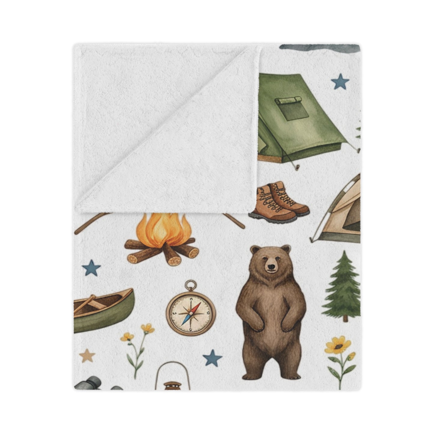 Camping Pattern Minky Blanket — Cozy Outdoor Adventure Throw with Tents, Campfire & Wildlife