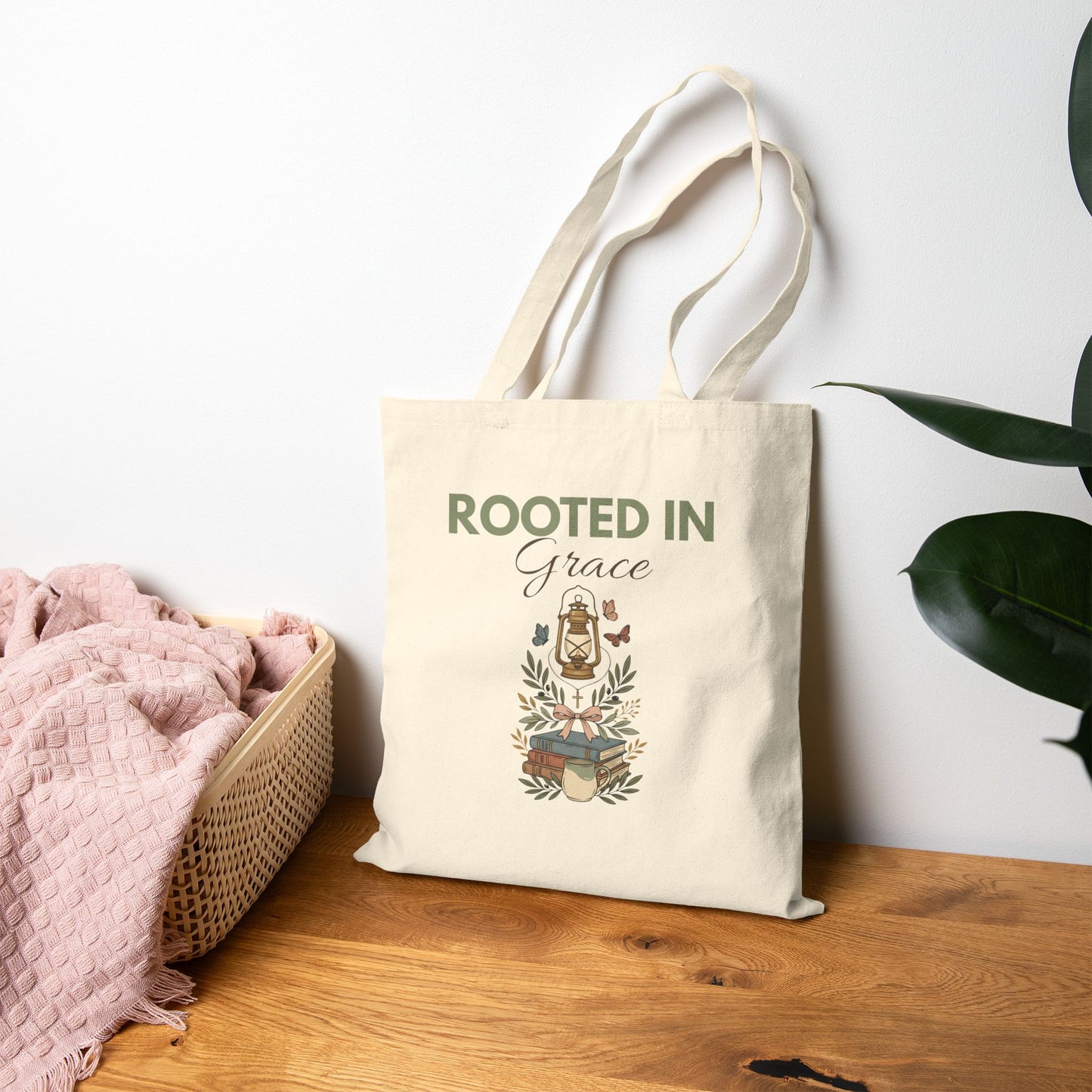 Rooted in Grace Canvas Tote Bag — Floral Faith Grocery & Market Shopper