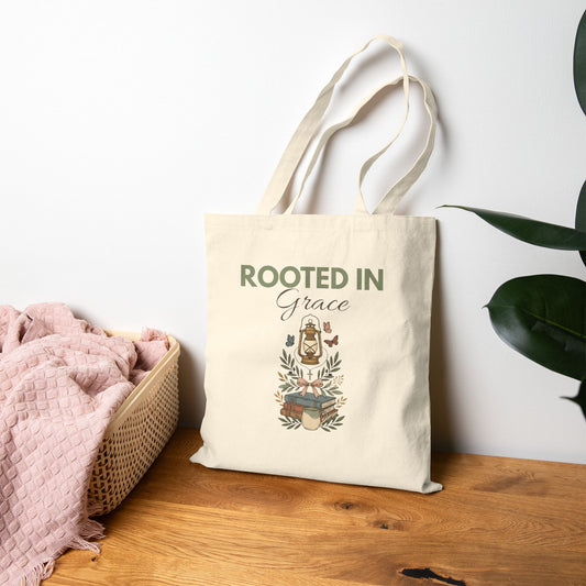 Rooted in Grace Canvas Tote Bag — Floral Faith Grocery & Market Shopper