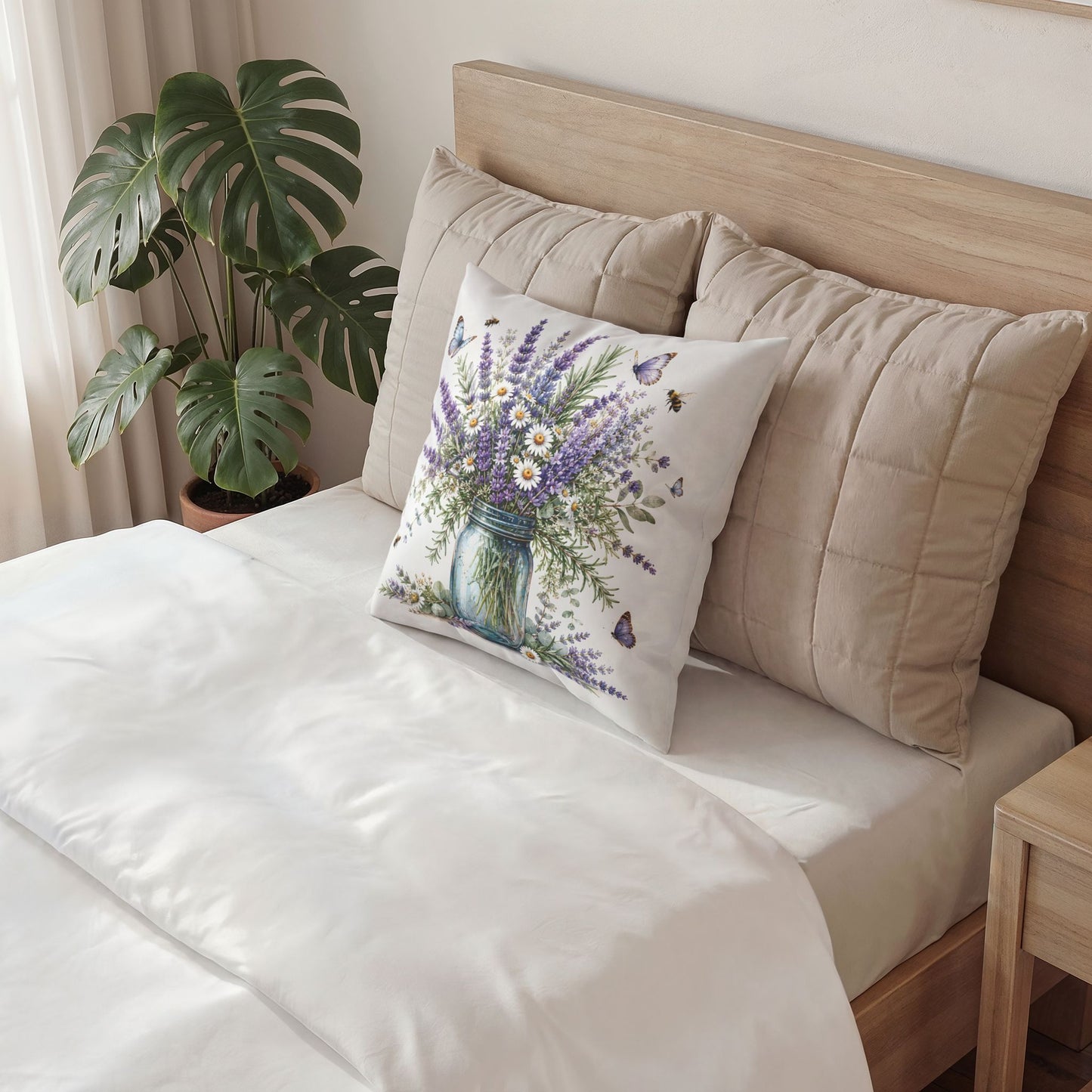 Lavender & Daisies Mason Jar Pillow — Floral Velvet Throw Cushion