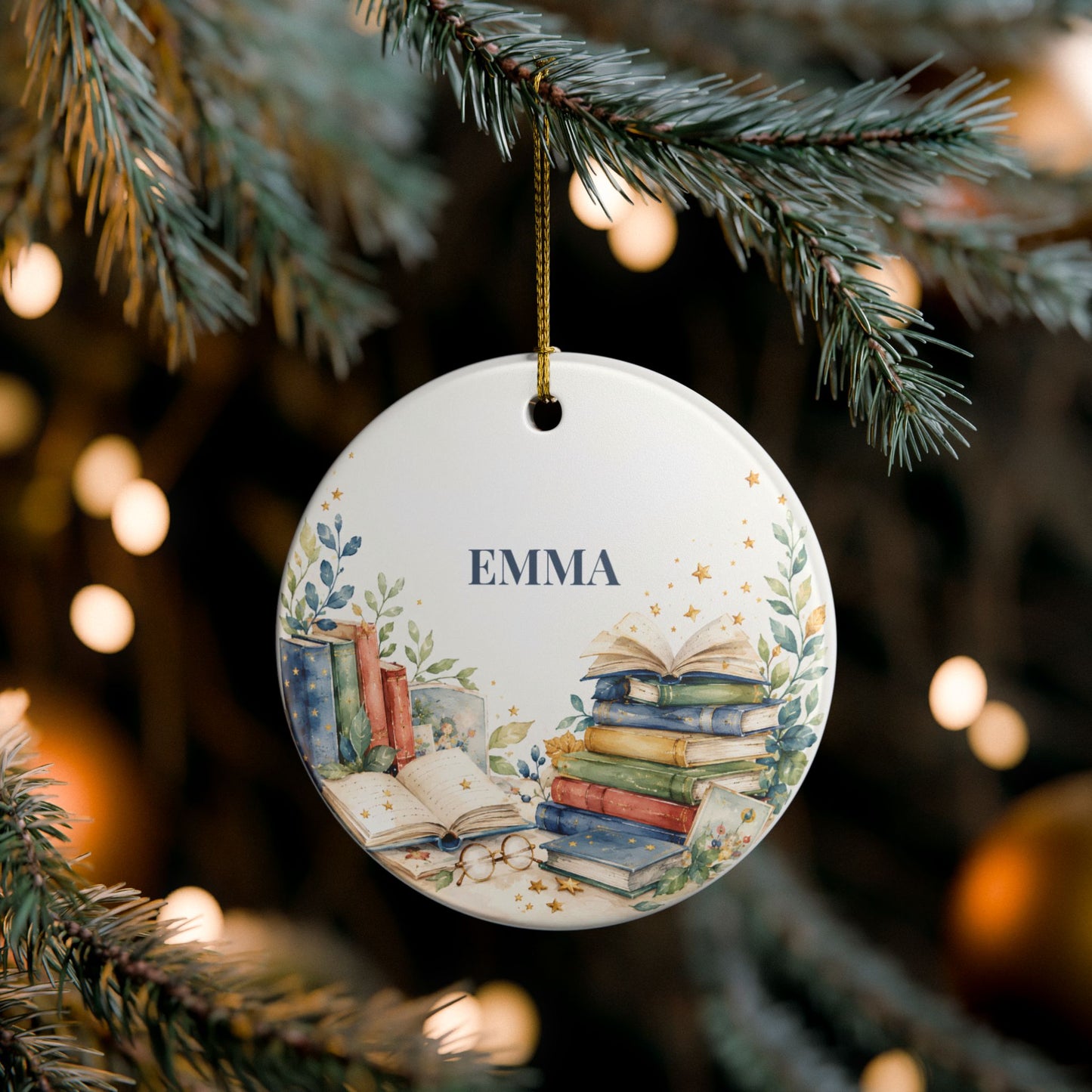 Personalized Book Lover Ceramic Ornament - Custom Name Bookstack Decoration