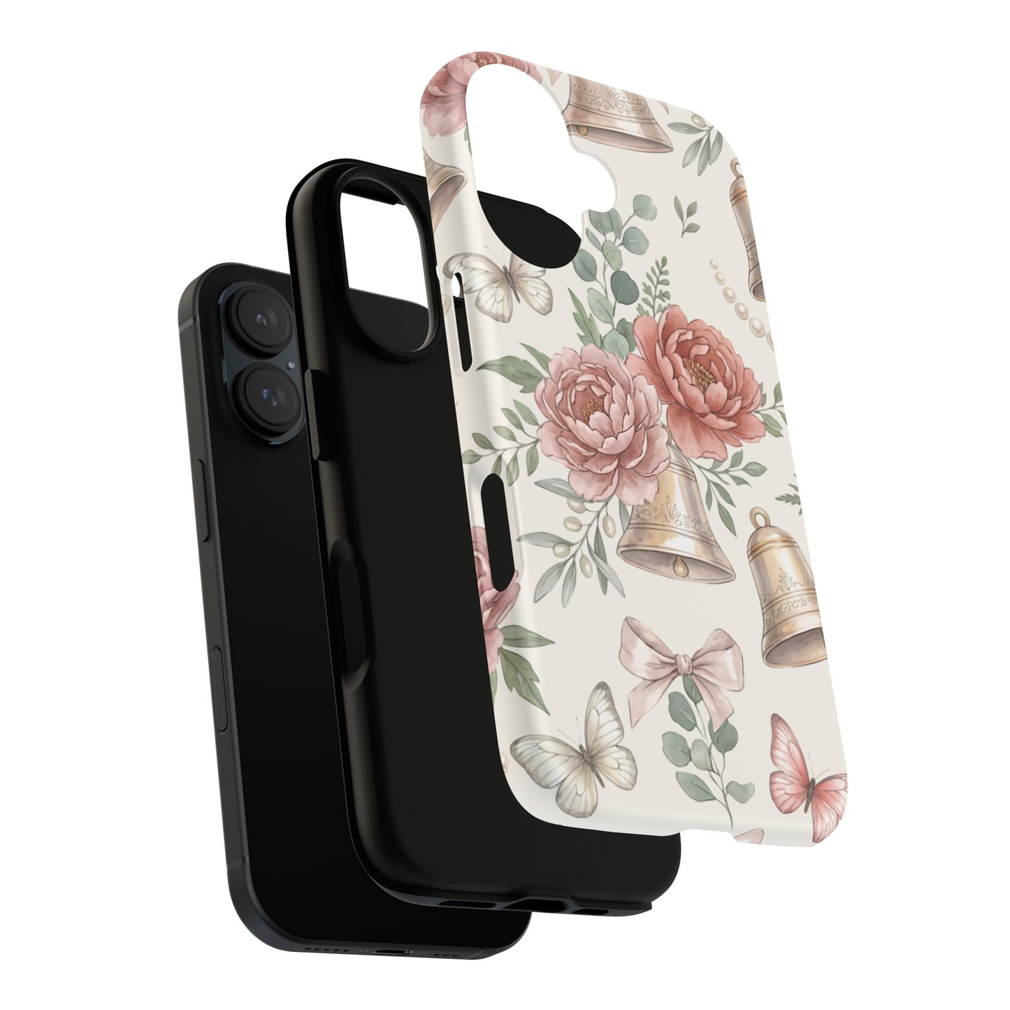 Floral Wedding Bells Phone Case — Vintage Roses, Butterflies & Bow Protective Tough Case
