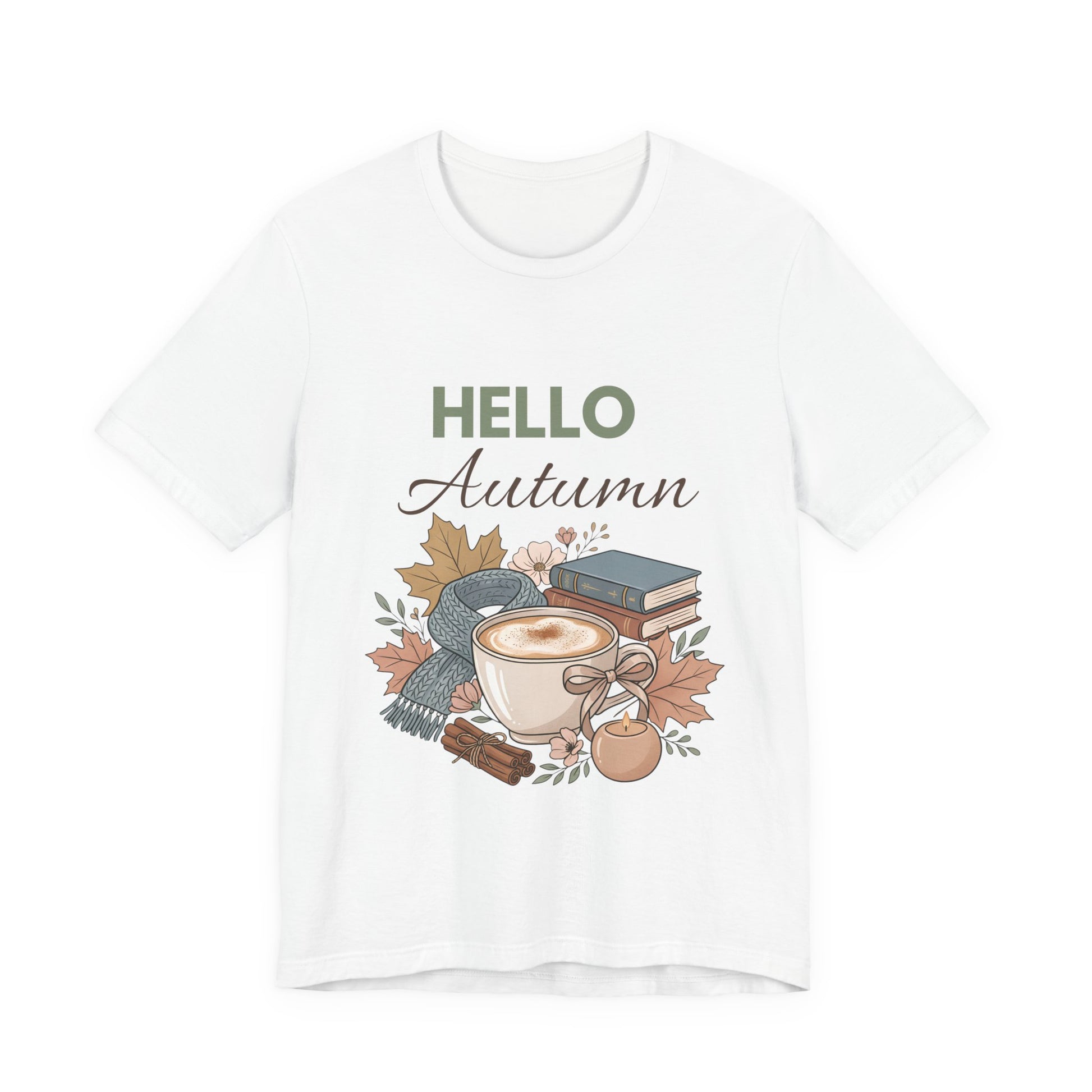 White t-shirt with 'Hello Autumn' design featuring a cup, scarf, and books on a white background