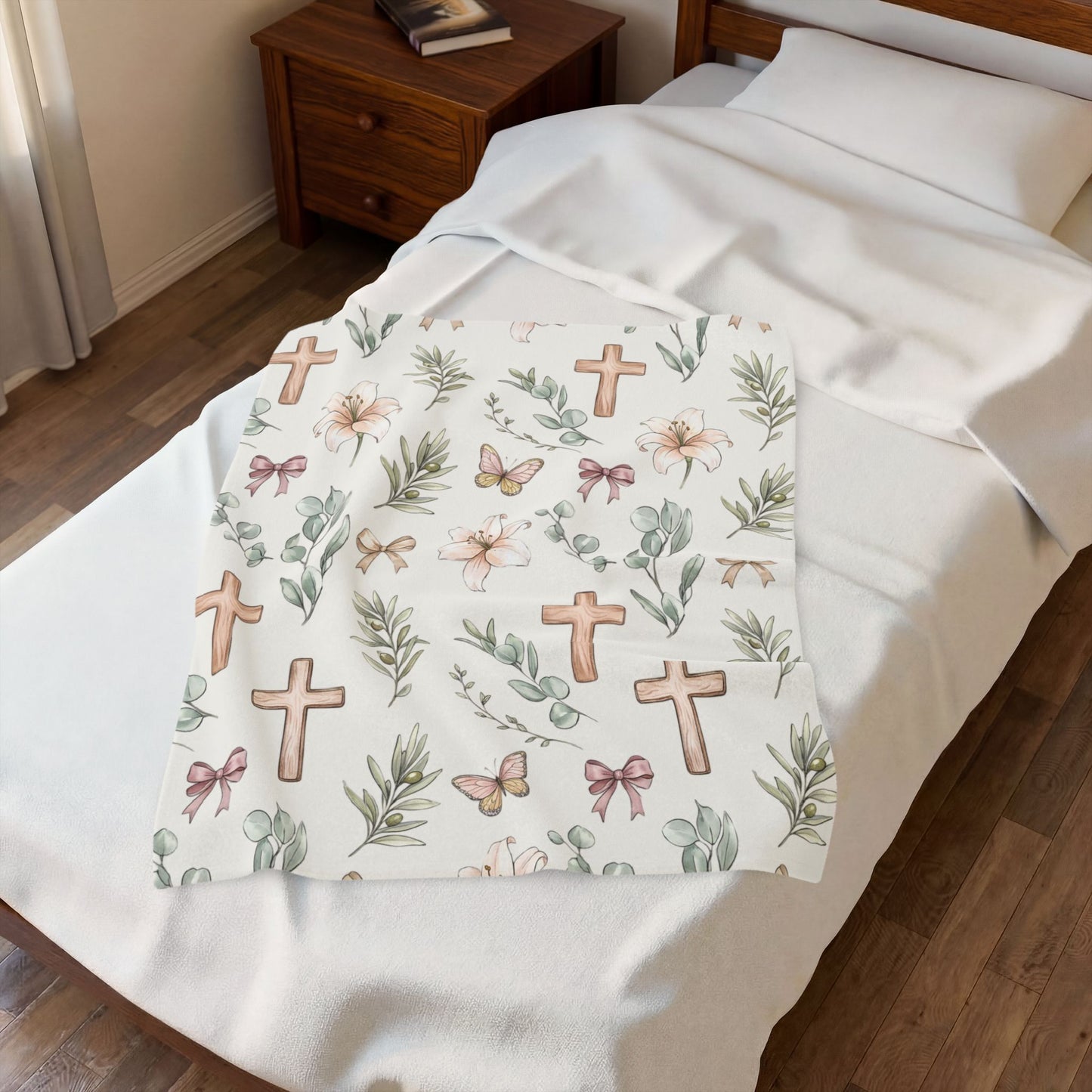 Floral Cross Baby Plush Blanket — Christian Nursery Velveteen Throw