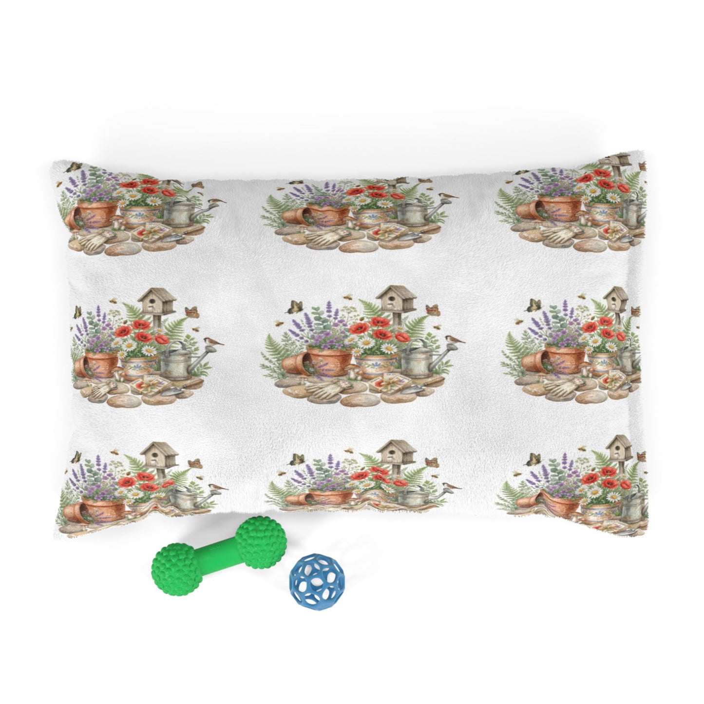 Floral Garden Pet Bed – Watercolor Birdhouse & Flowers
