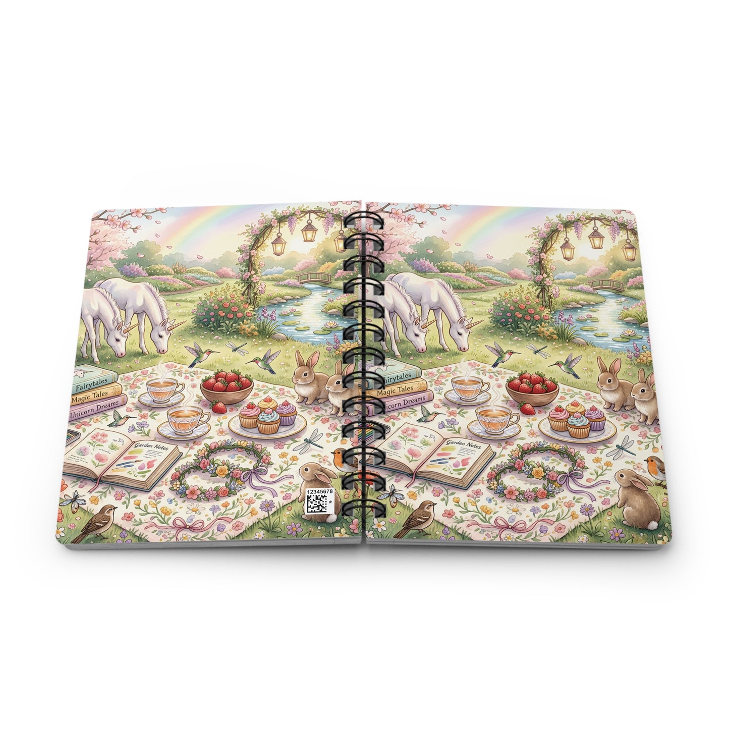 Whimsical Garden Tea Party Spiral Journal — Unicorn Picnic & Rainbow Illustration