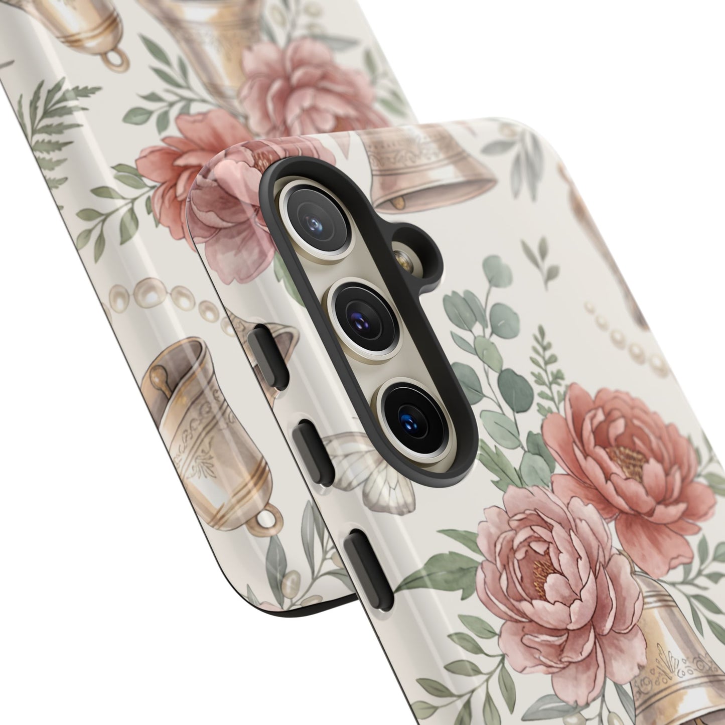 Floral Wedding Bells Phone Case — Vintage Roses, Butterflies & Bow Protective Tough Case
