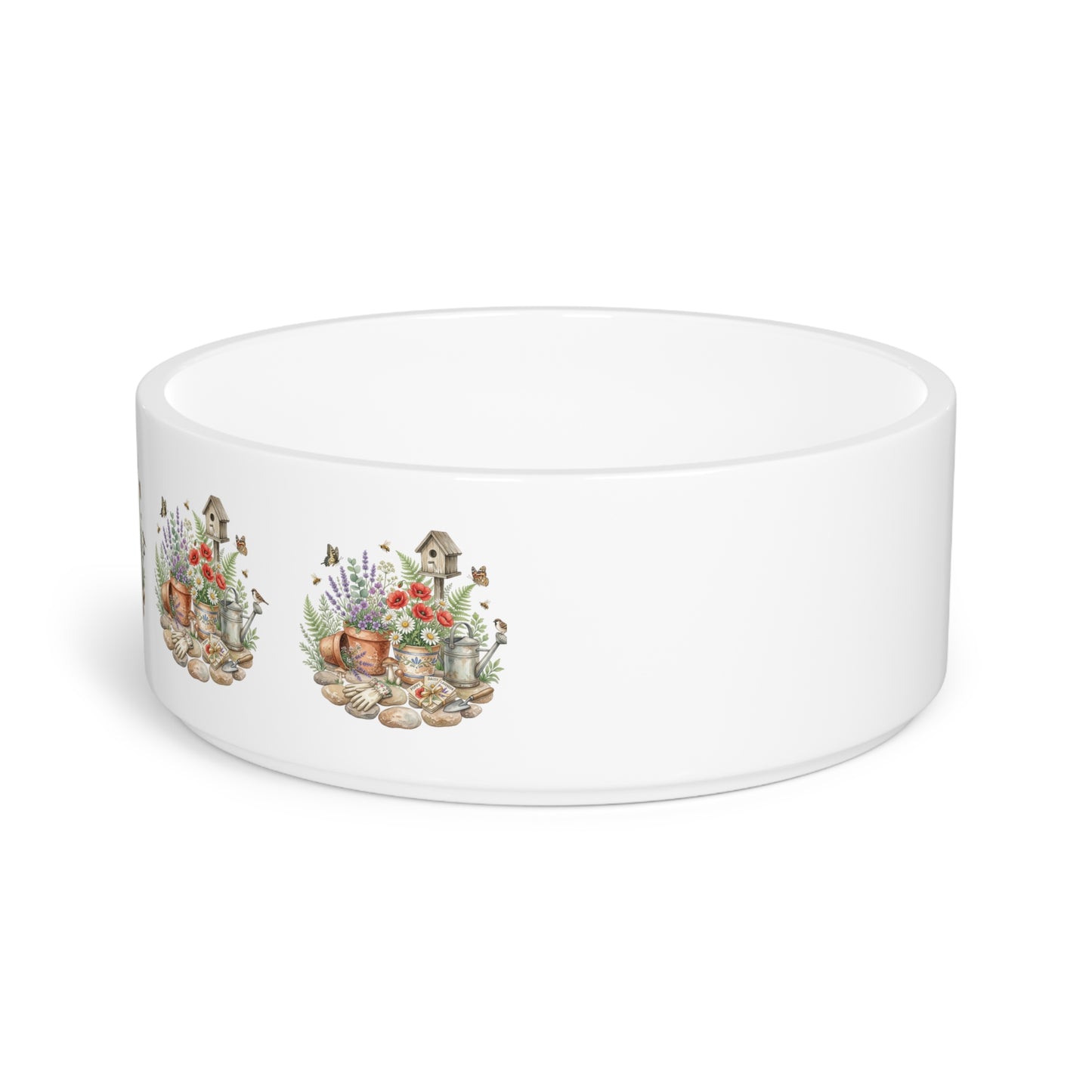 Ceramic Pet Bowl — Garden Watering Can & Birdhouse Floral Design