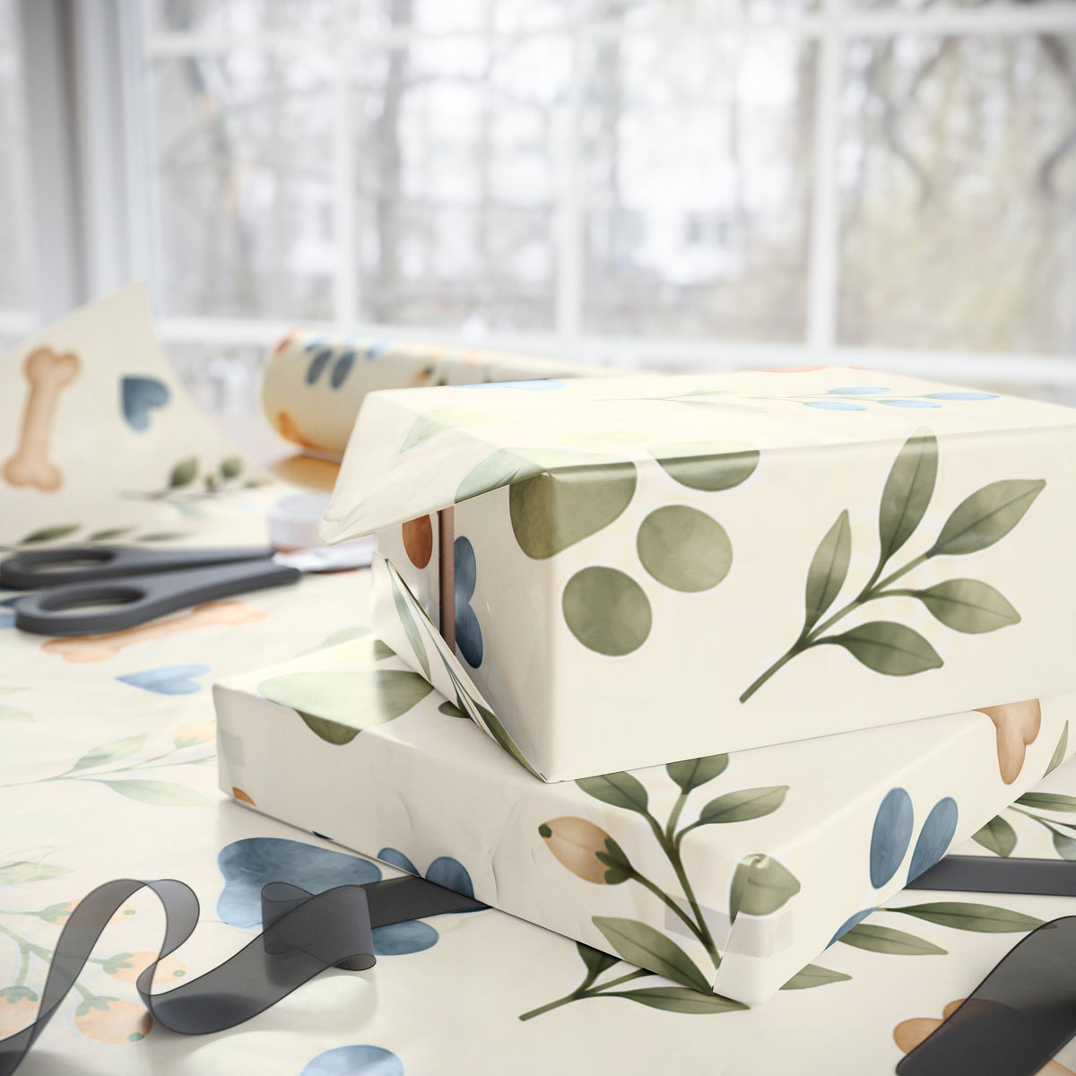Paw Print Floral Wrapping Paper Roll — Cottage Garden Blooms