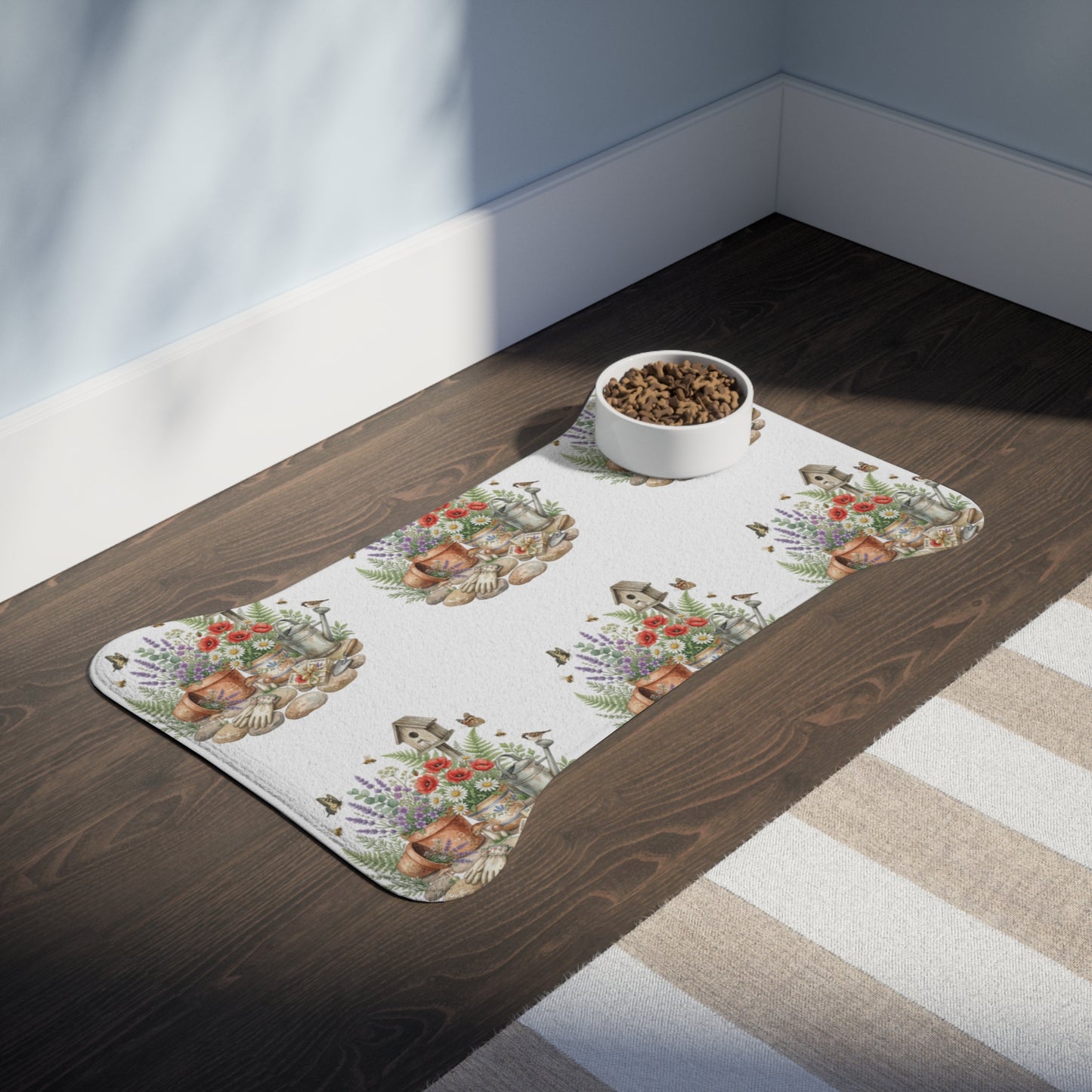 Floral Garden Pet Feeding Mat — Watercolor Birdhouse & Flowers