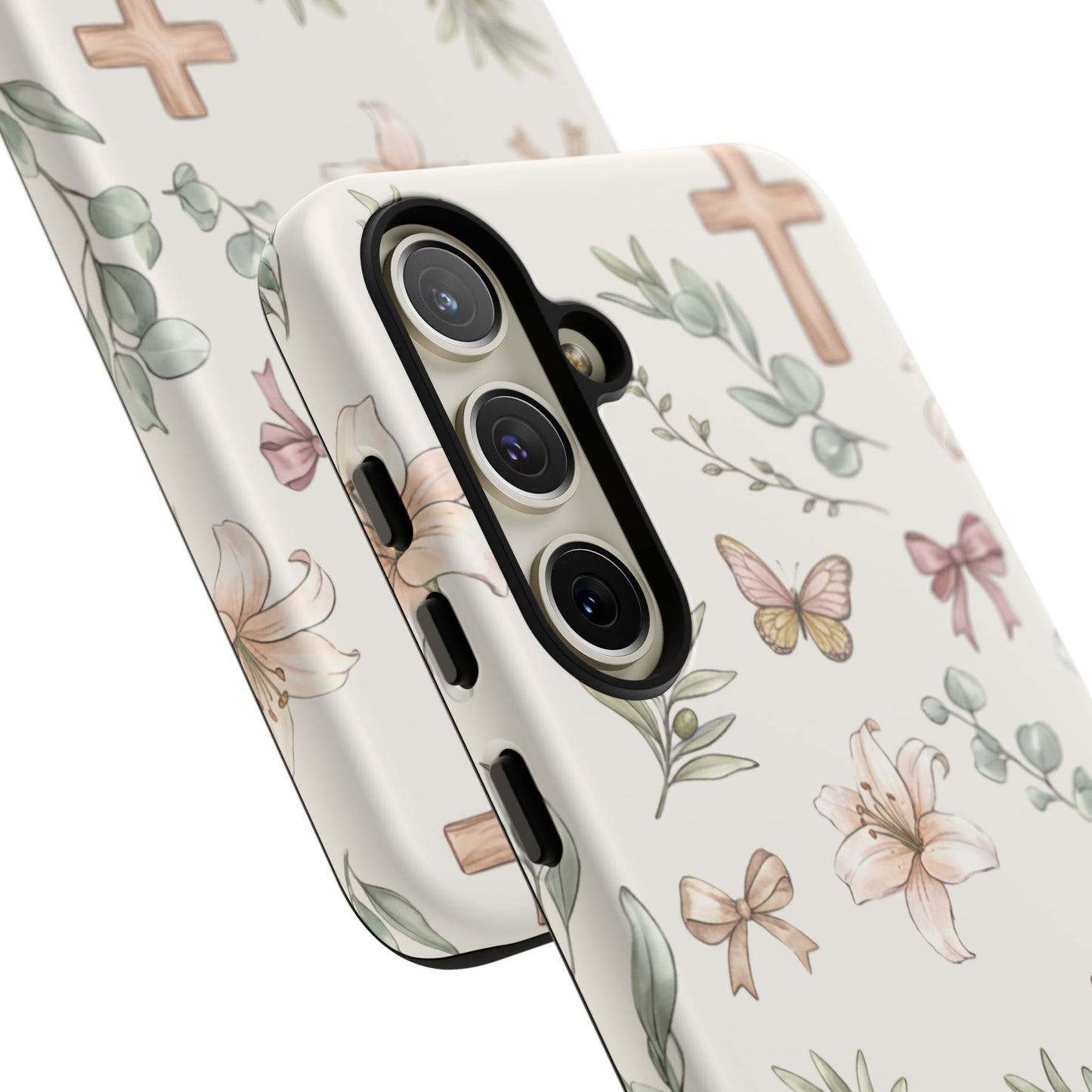 Floral Cross Tough Phone Case — Pastel Butterflies & Bows Christian Design