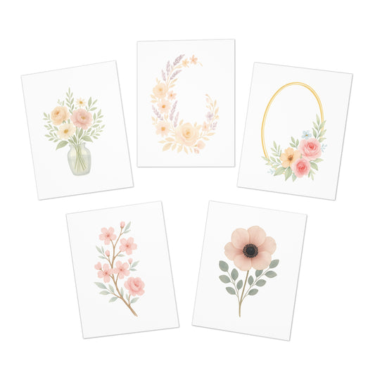 Blush Floral Greeting Card Set – 5 Blank Note Cards with Envelopes, Watercolor Flower Designs