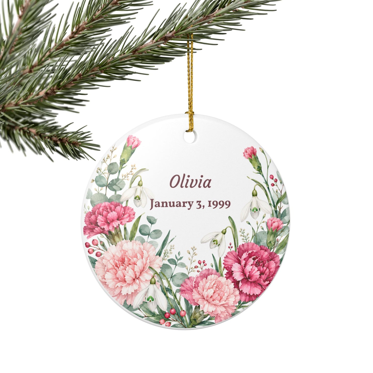 Personalized Floral Name Ornament — Custom Name & Date Ceramic Decoration