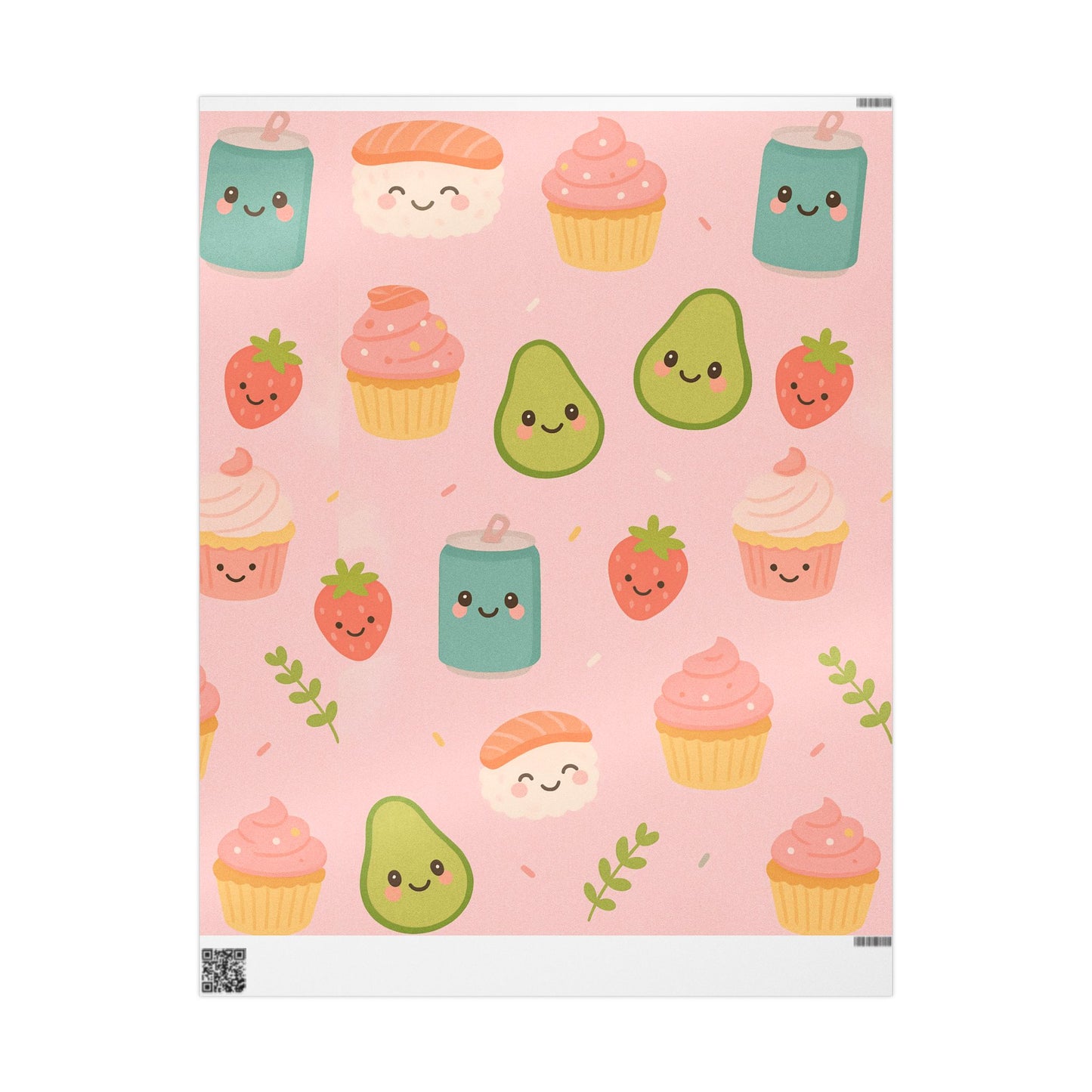 Kawaii Treats Wrapping Paper – Cute Sushi, Cupcakes, Avocados & More on Pink