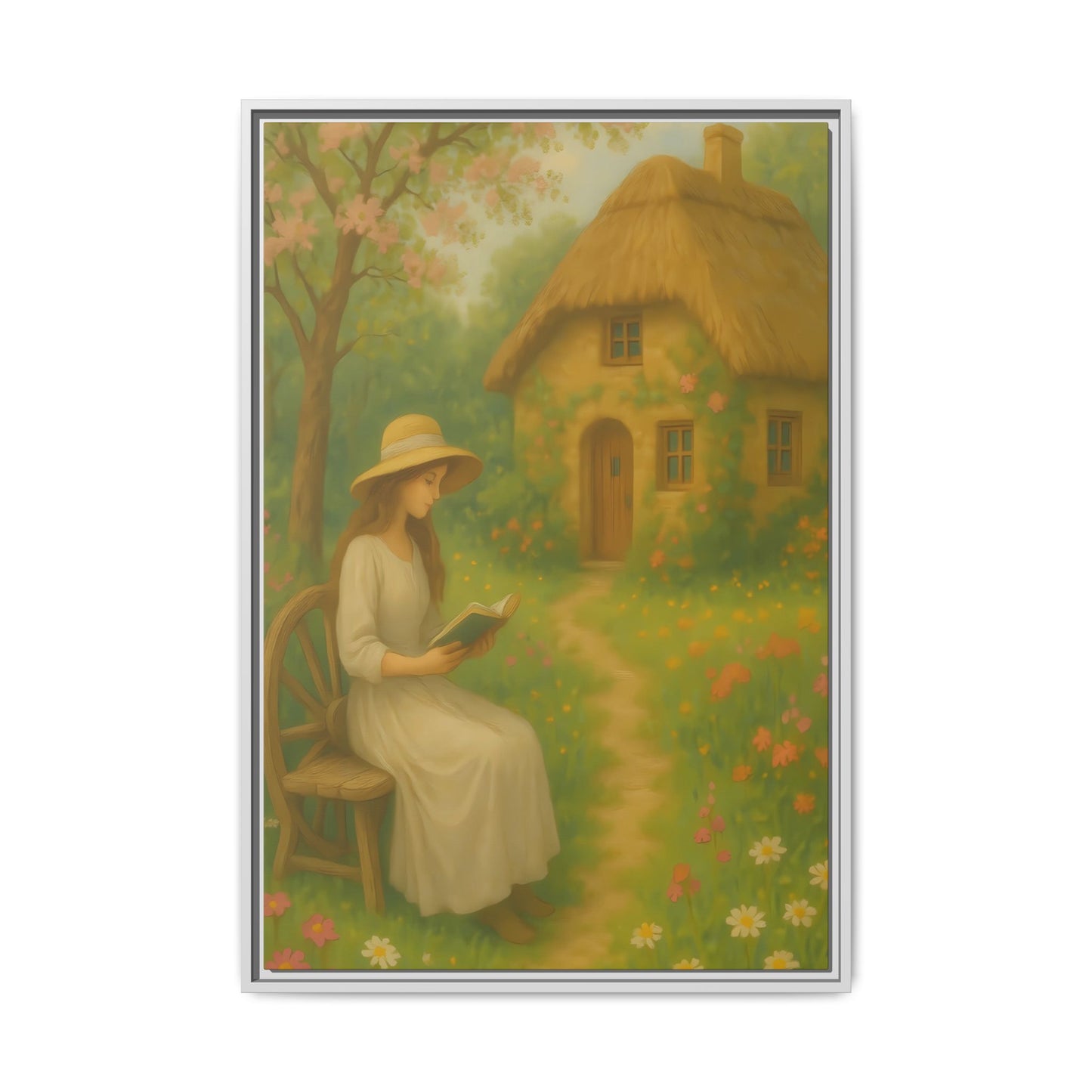 Cottage Garden Reader – Framed Matte Canvas Wall Art of Woman Reading by a Thatched Cottage