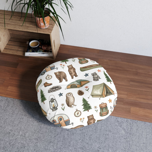 Camping Pattern Round Floor Pillow — Cute Woodland Animals & Gear Tufted Cushion