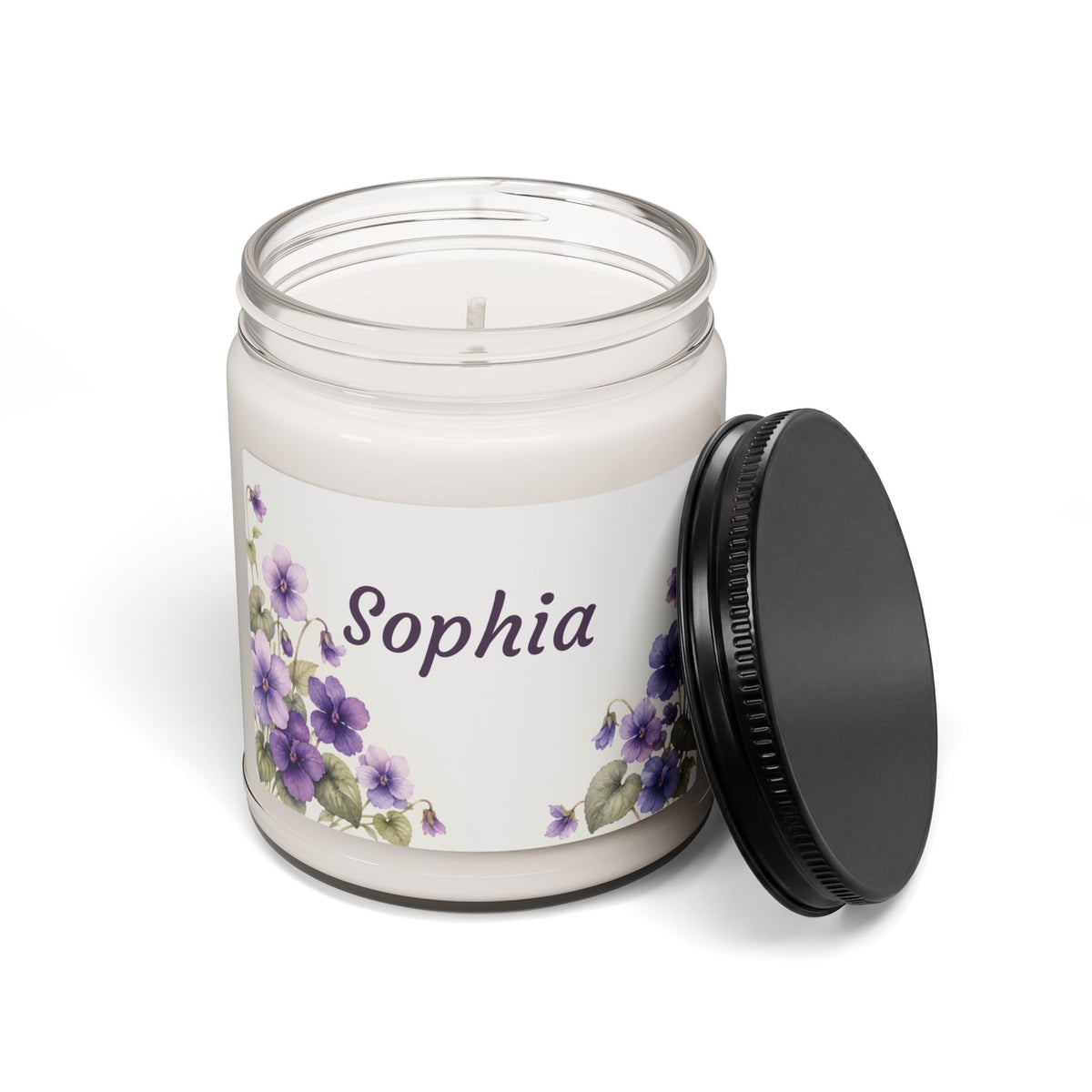 Personalized Floral Soy Candle — 'Sophia' Lavender Violet Scented 9oz Jar