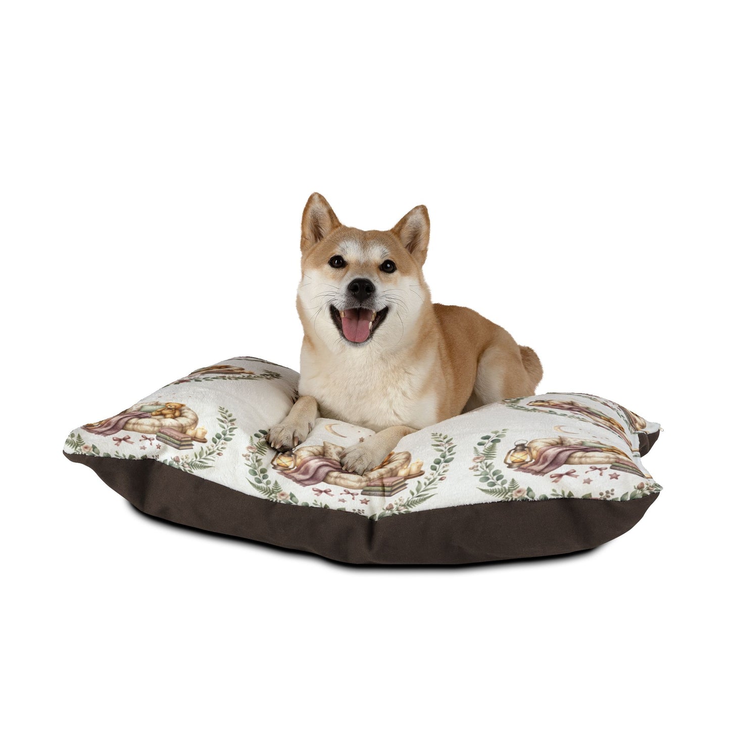 Moonlit Botanical Pet Bed – Watercolor Greenery & Moon Print
