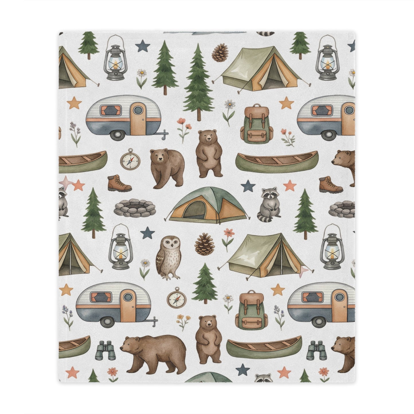 Camping Pattern Minky Blanket — Cozy Outdoor Adventure Throw with Tents, Campfire & Wildlife