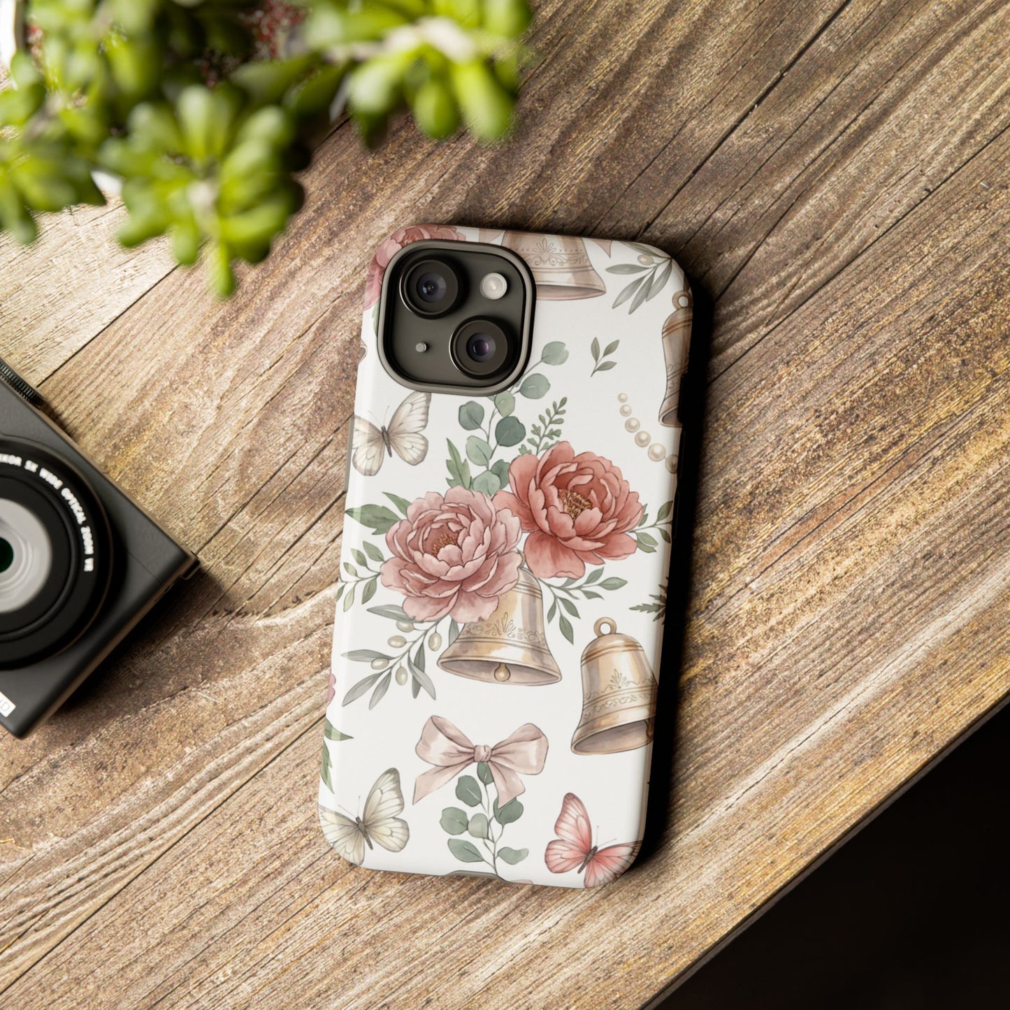 Floral Wedding Bells Phone Case — Vintage Roses, Butterflies & Bow Protective Tough Case