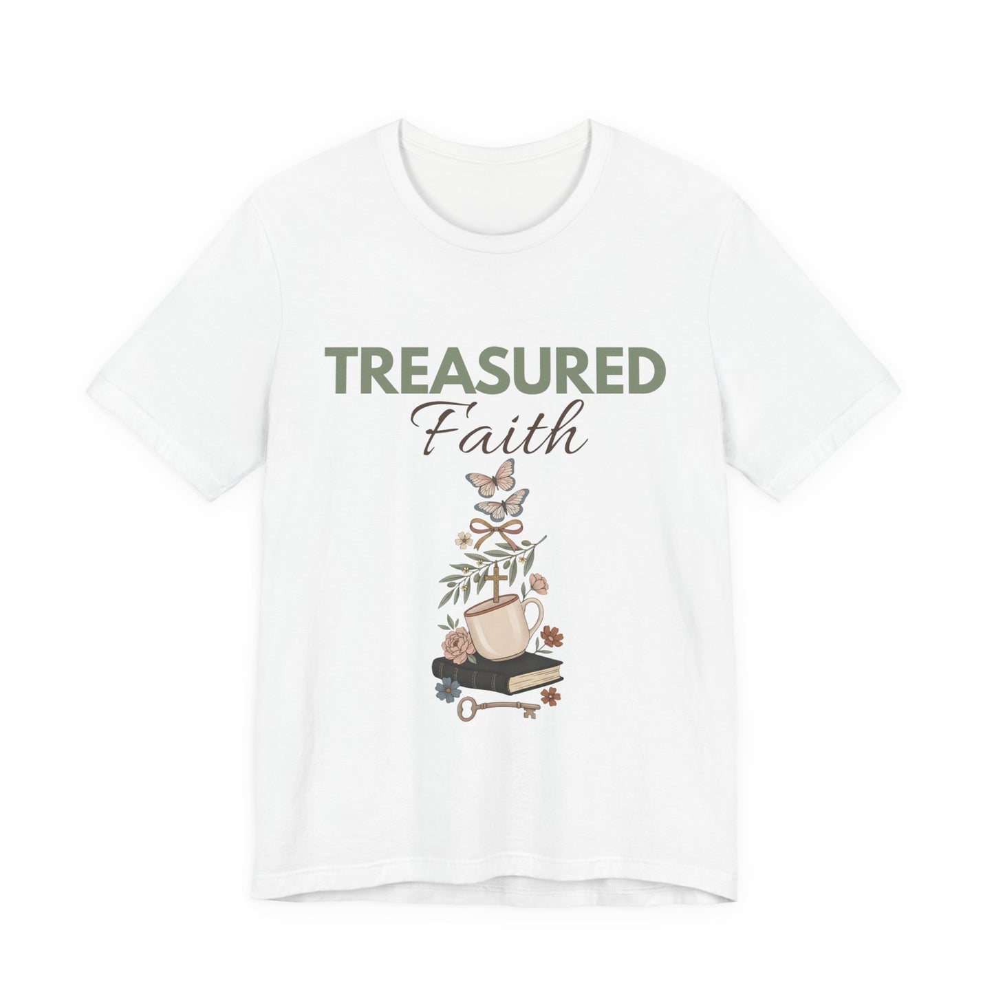 White t-shirt with 'TREASURED Faith' text and graphic design on a white background