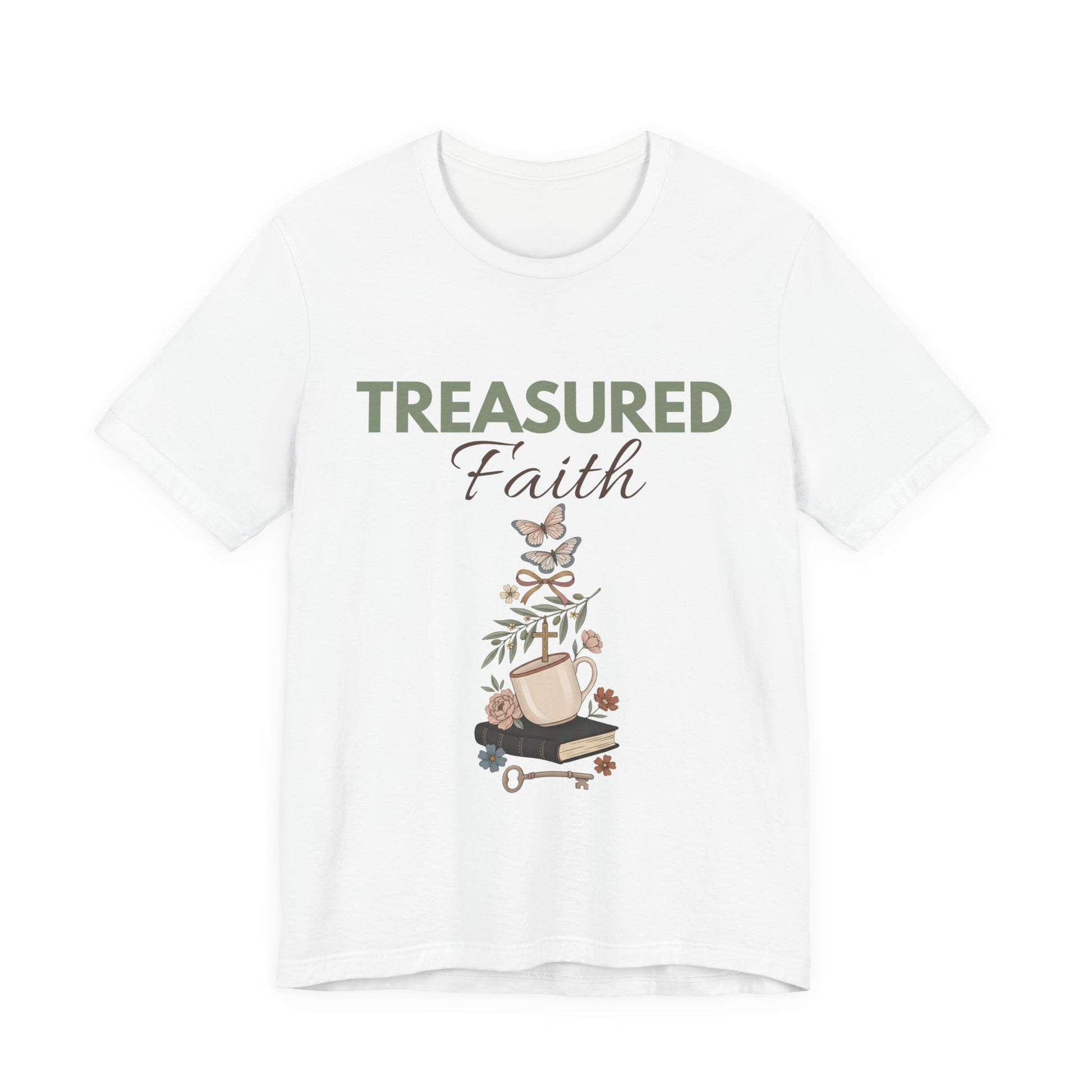 White t-shirt with 'TREASURED Faith' text and graphic design on a white background